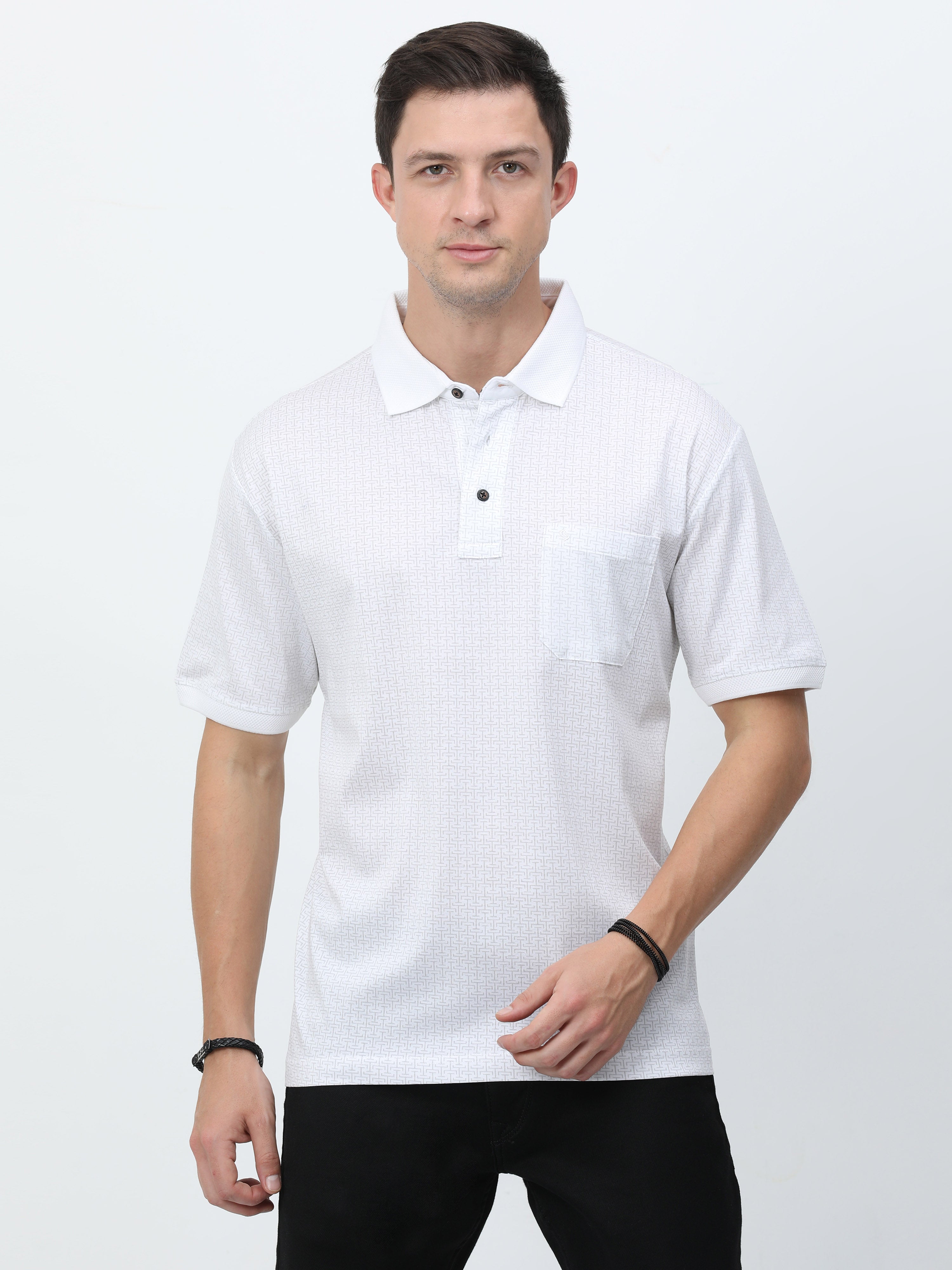 Classic Polo Mens Cotton Half Sleeves Floral Authentic Fit Polo Neck White Color T-Shirt | Swank - 07 A Af P