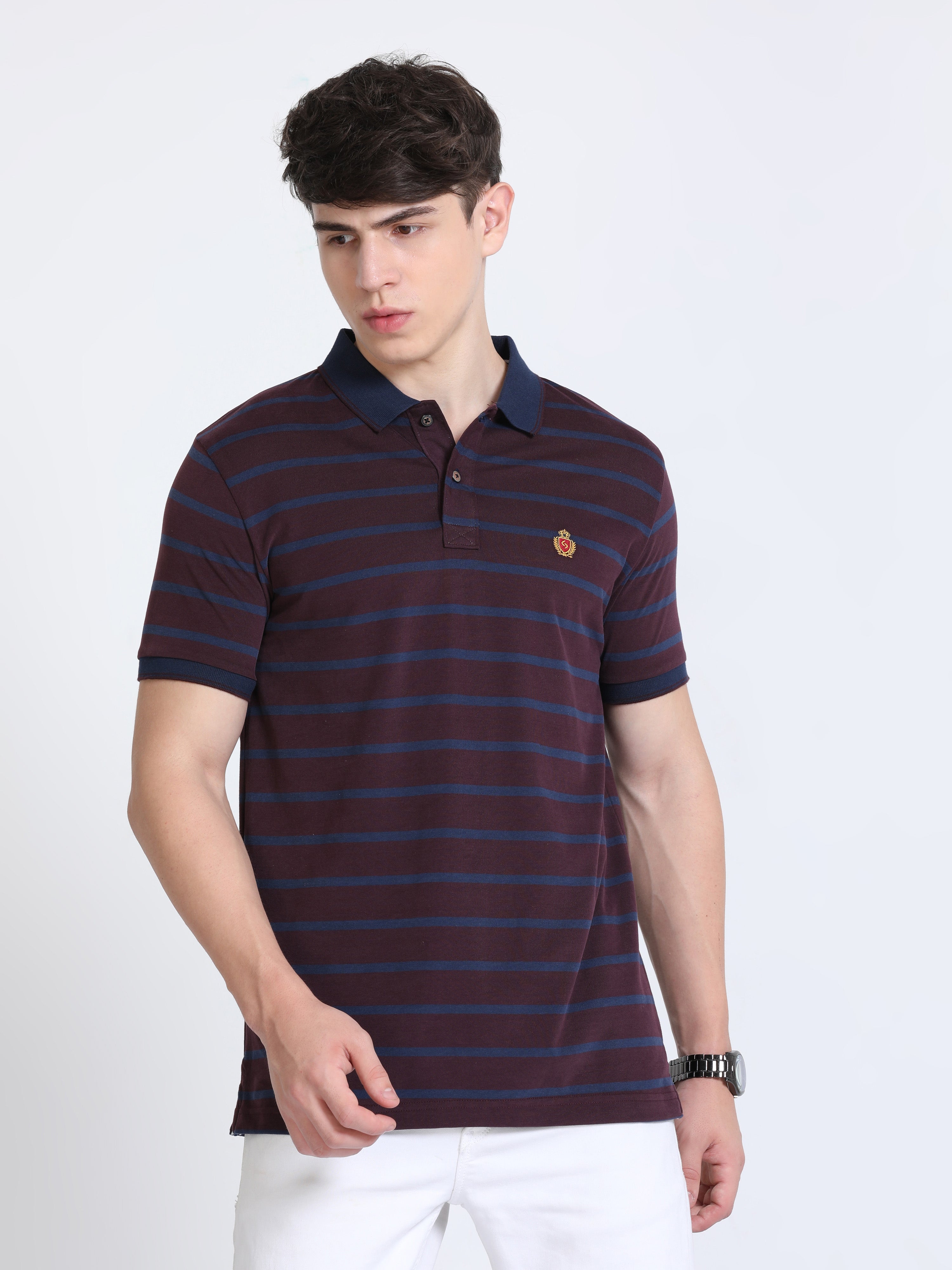 Classic Polo Mens Cotton Half Sleeves Striped Slim Fit Polo Neck Burgudy Color T-Shirt | Cpeg - 310 B Sf P