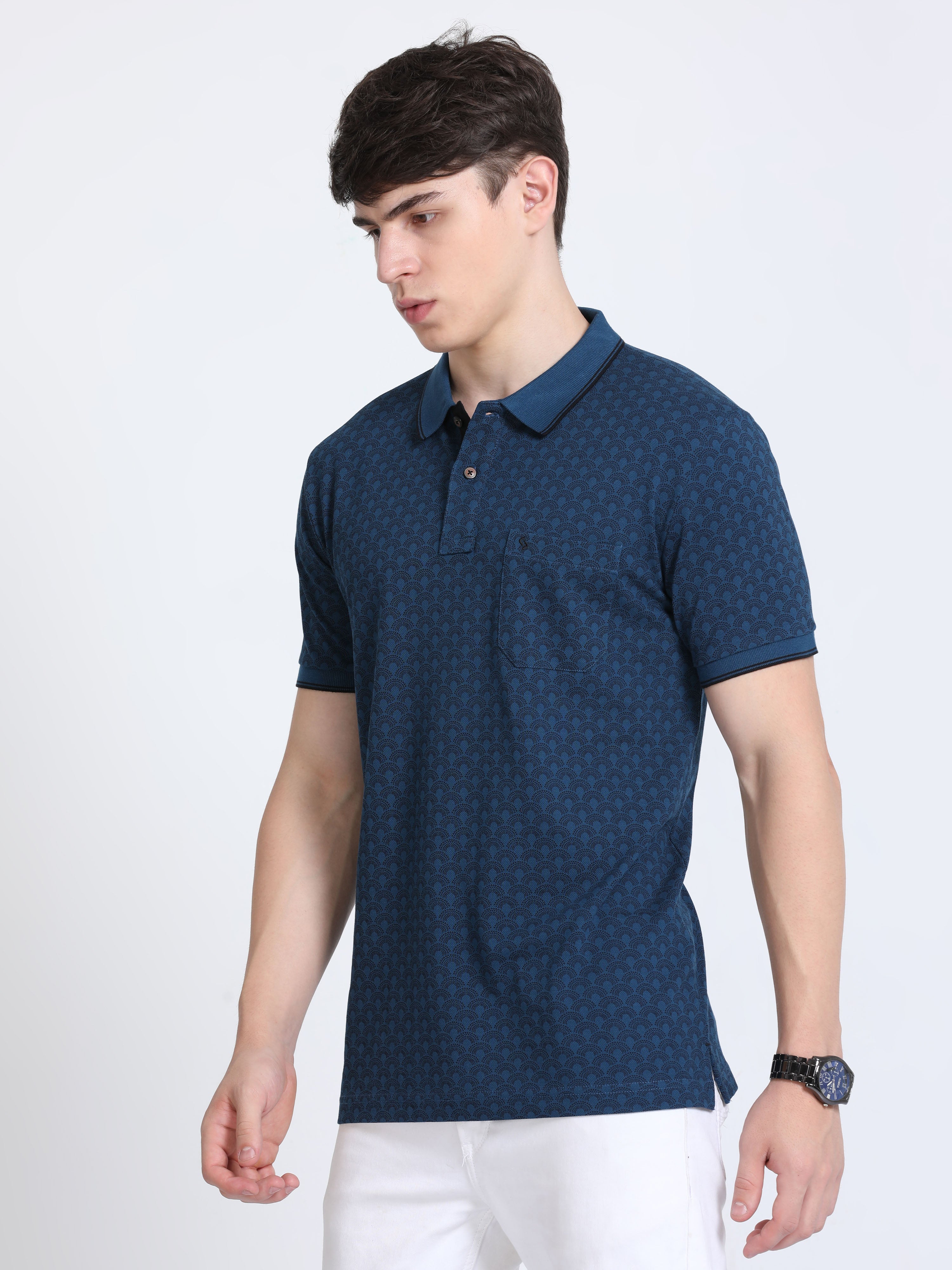 Classic Polo Mens Cotton Half Sleeves Floral Slim Fit Polo Neck Dark Blue Color T-Shirt | Beau - 225 A Sf P
