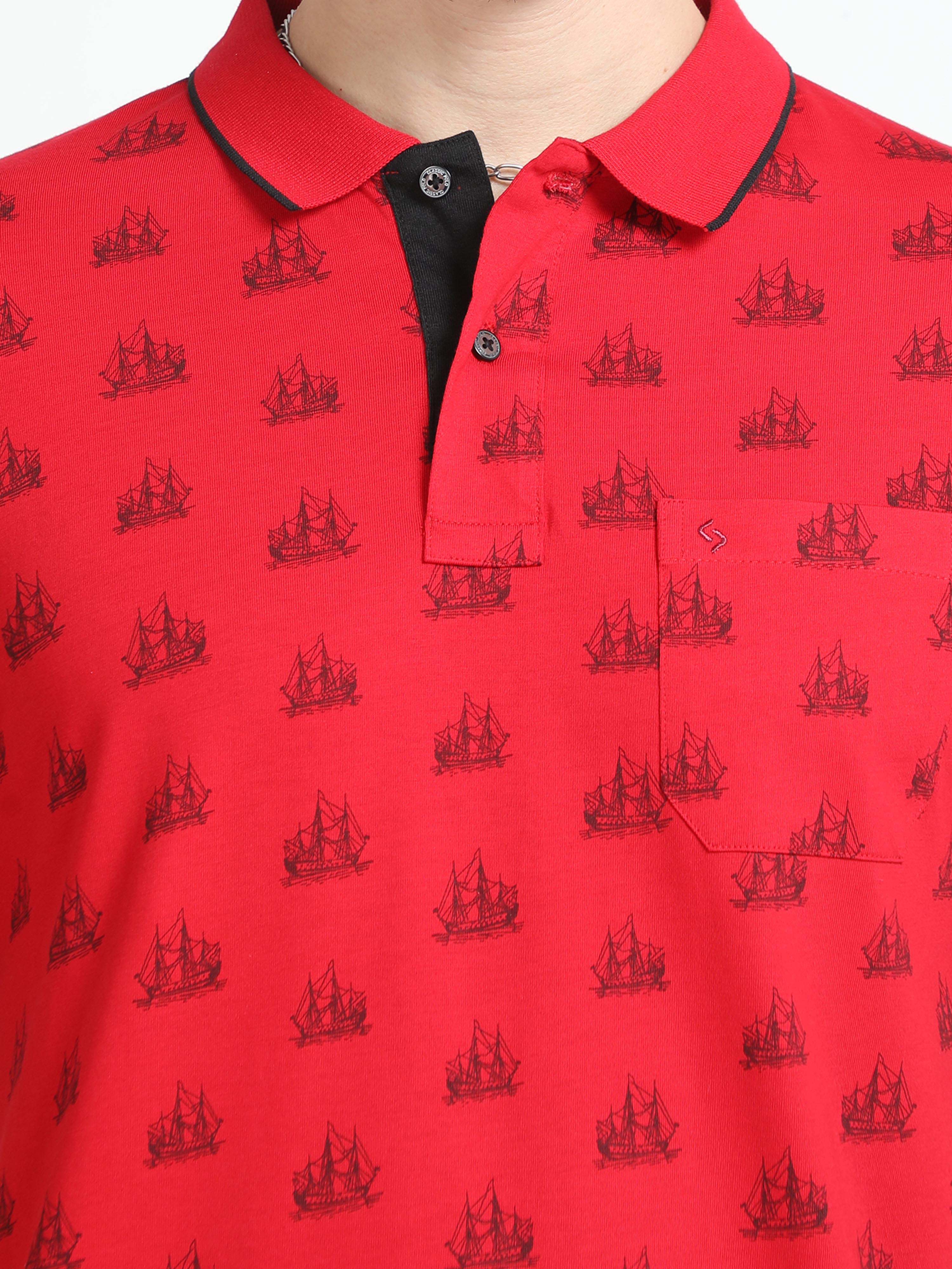 Classic Polo Mens Cotton Half Sleeves Floral Slim Fit Polo Neck Red Color T-Shirt | Bello - 227 A Sf P
