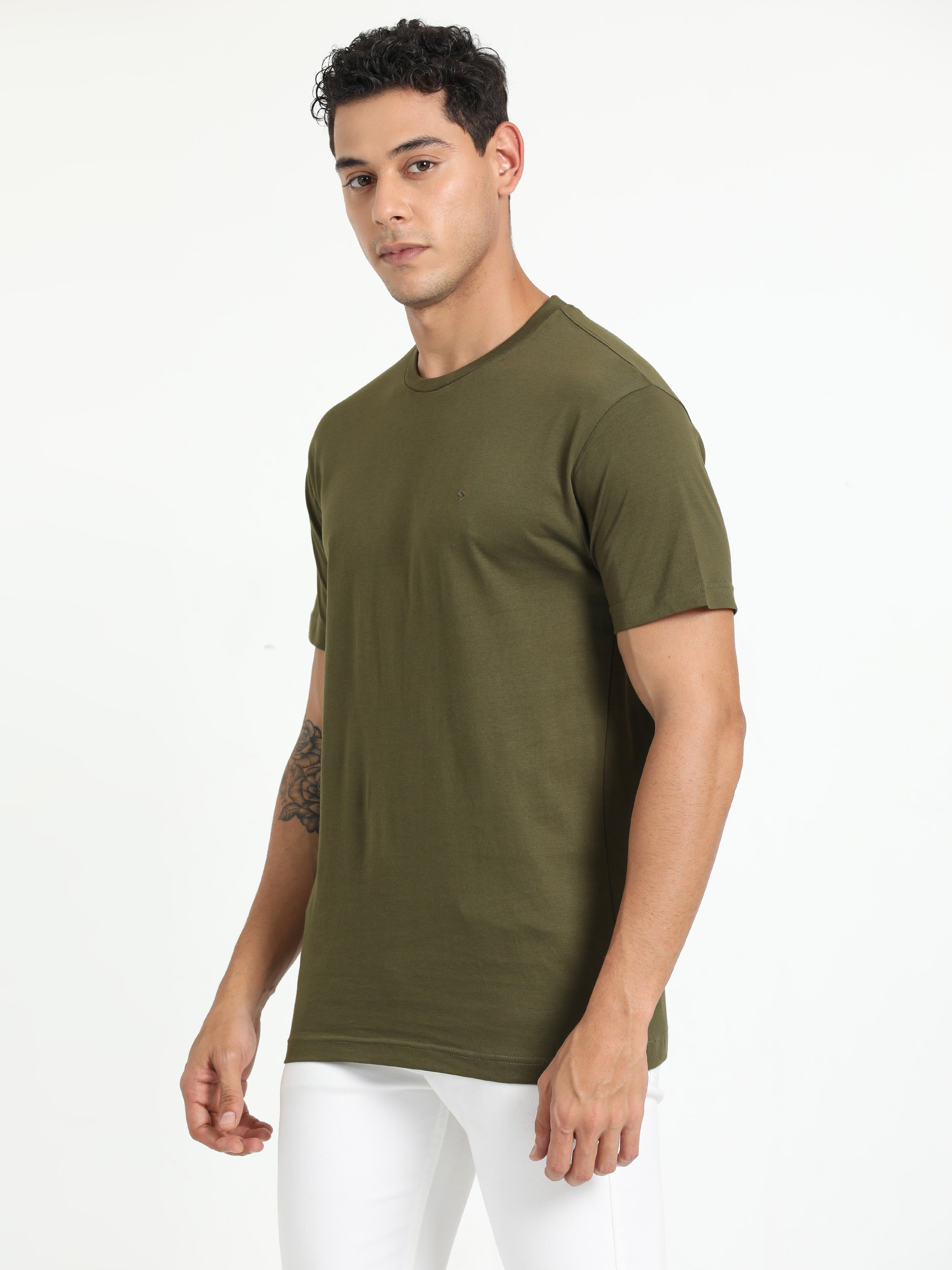 Classic Polo Men's Half Sleeve Olive Round Neck Slim Fit Solid T-Shirt | TOY-KALVIK OLIVE SF C