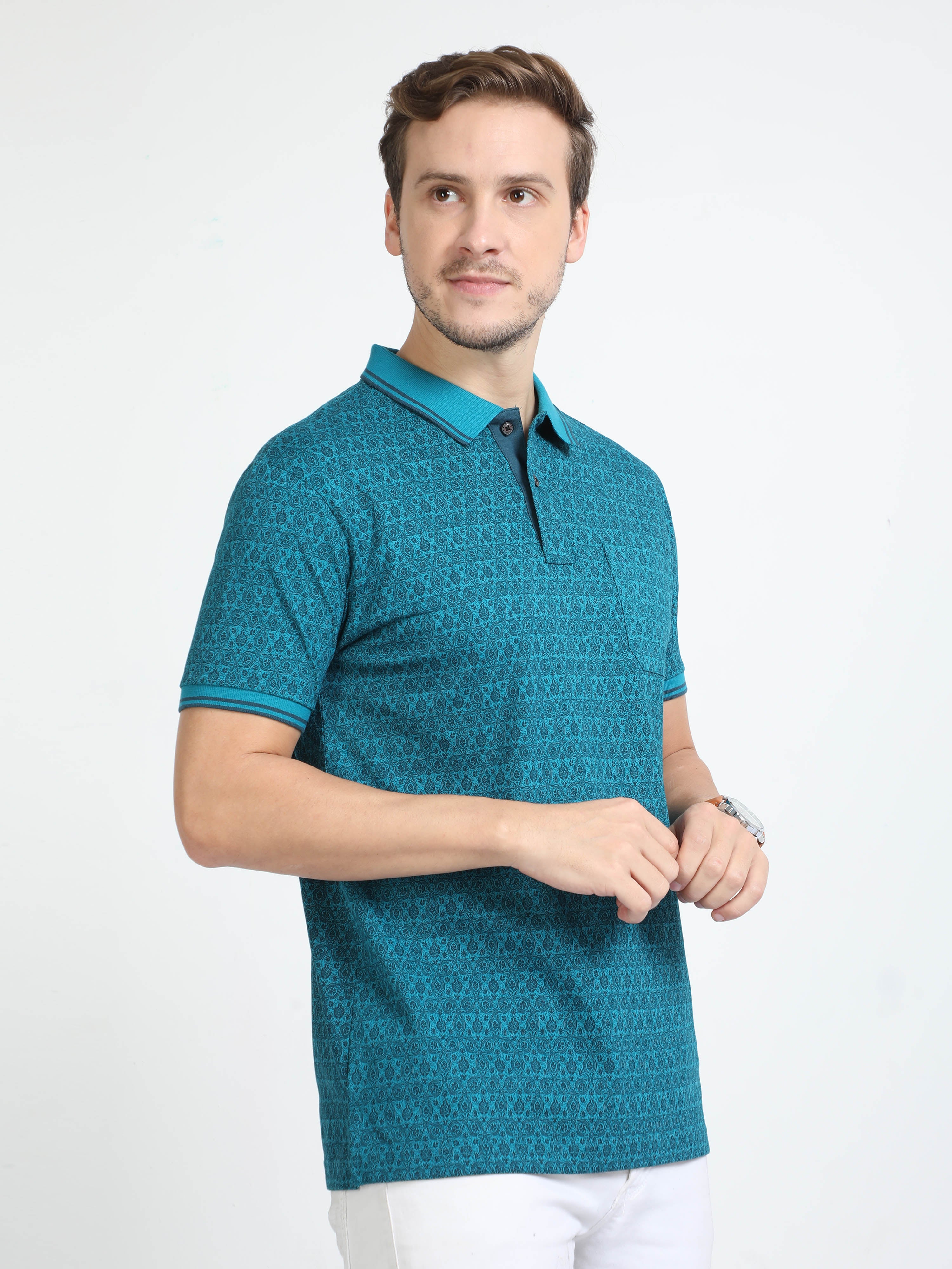 Classic Polo Mens Cotton Half Sleeves Floral Slim Fit Polo Neck Turqoise Color T-Shirt | Bello - 229 A Sf P