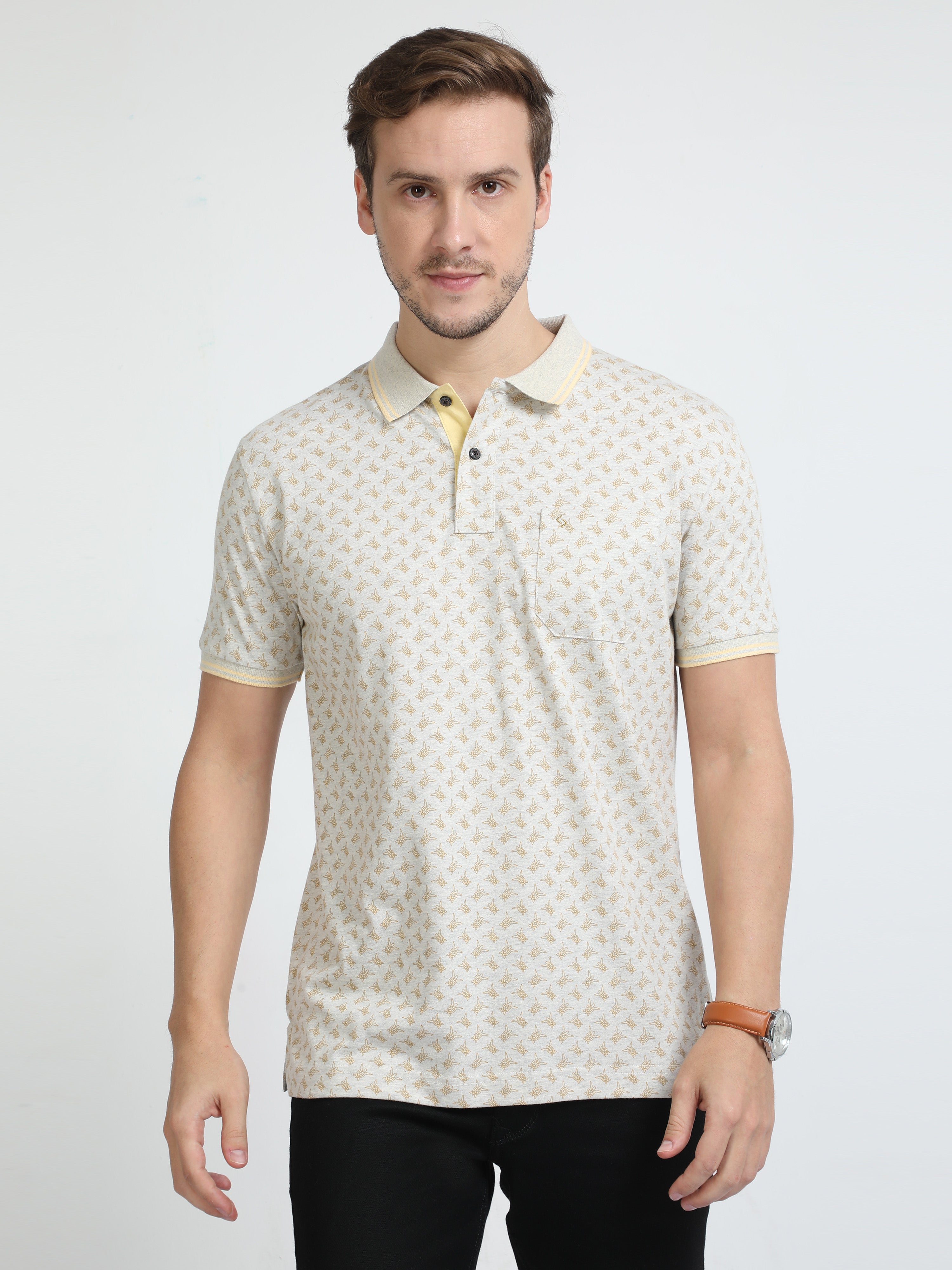 Classic Polo Mens Cotton Half Sleeves Floral Slim Fit Polo Neck Cream Color T-Shirt | Bello - 226 B Sf P
