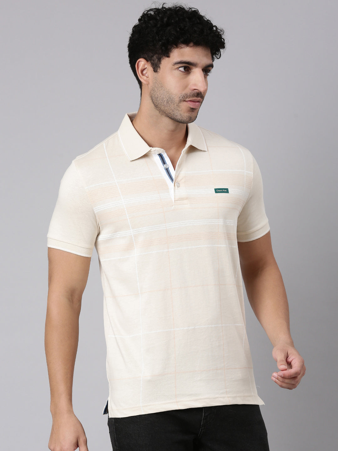 Classic Polo Men's Half Sleeve Cream Polo Neck Slim Fit Striped Cotton T-Shirt | FP - 22 A SF P