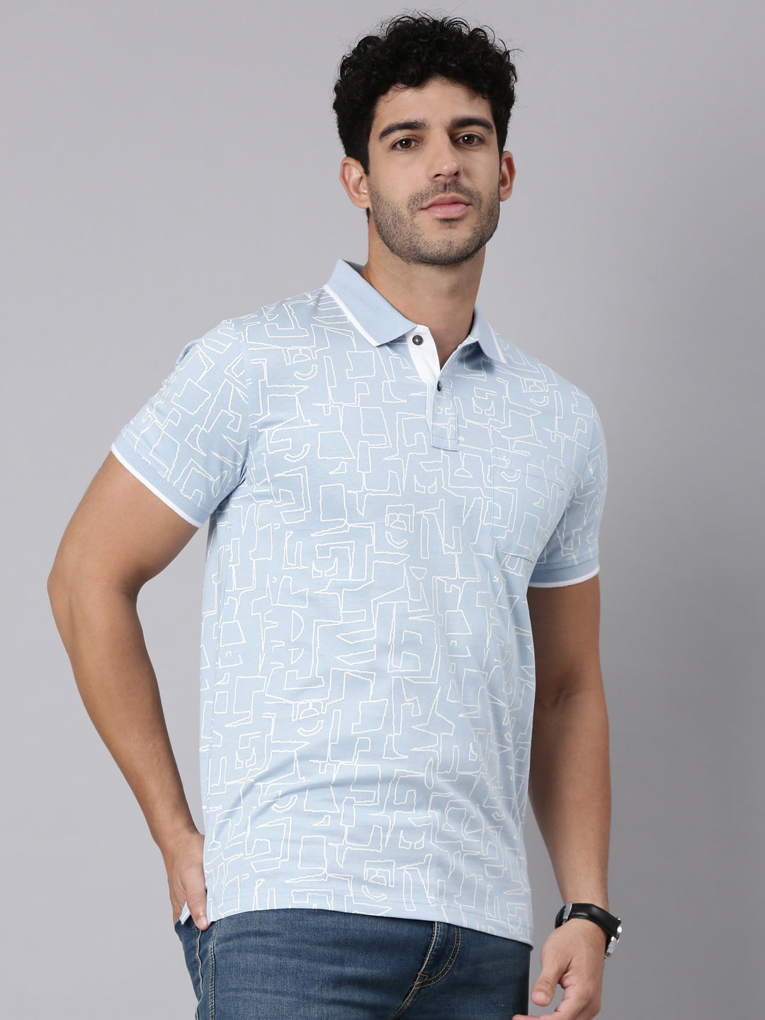 Classic Polo Men's Half Sleeve Blue Polo Neck Slim Fit All-Over Print Cotton T-Shirt | BELLO - 385 B SF P