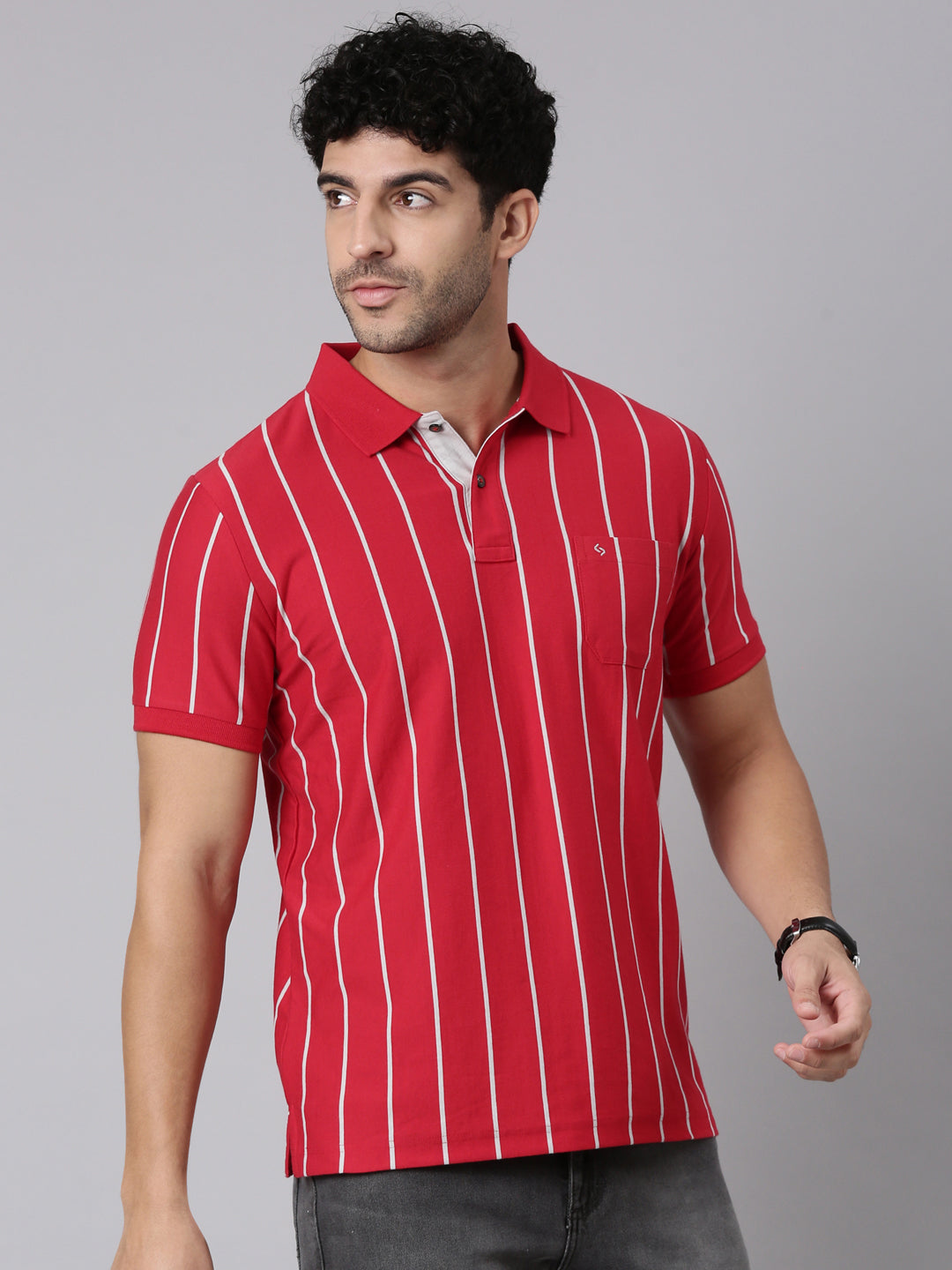 Classic Polo Men's Half Sleeve Red/White Polo Neck Slim Fit Striped Cotton Blend T-Shirt | VERTICS - 123 B SF P