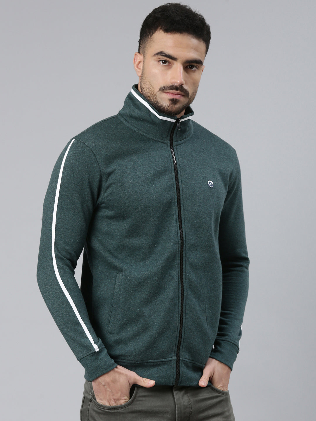 Classic Polo Men's Dark Green High Neck Front Open Zipper Solid Side Pocket Sweatshirt | LSWT - 02 A