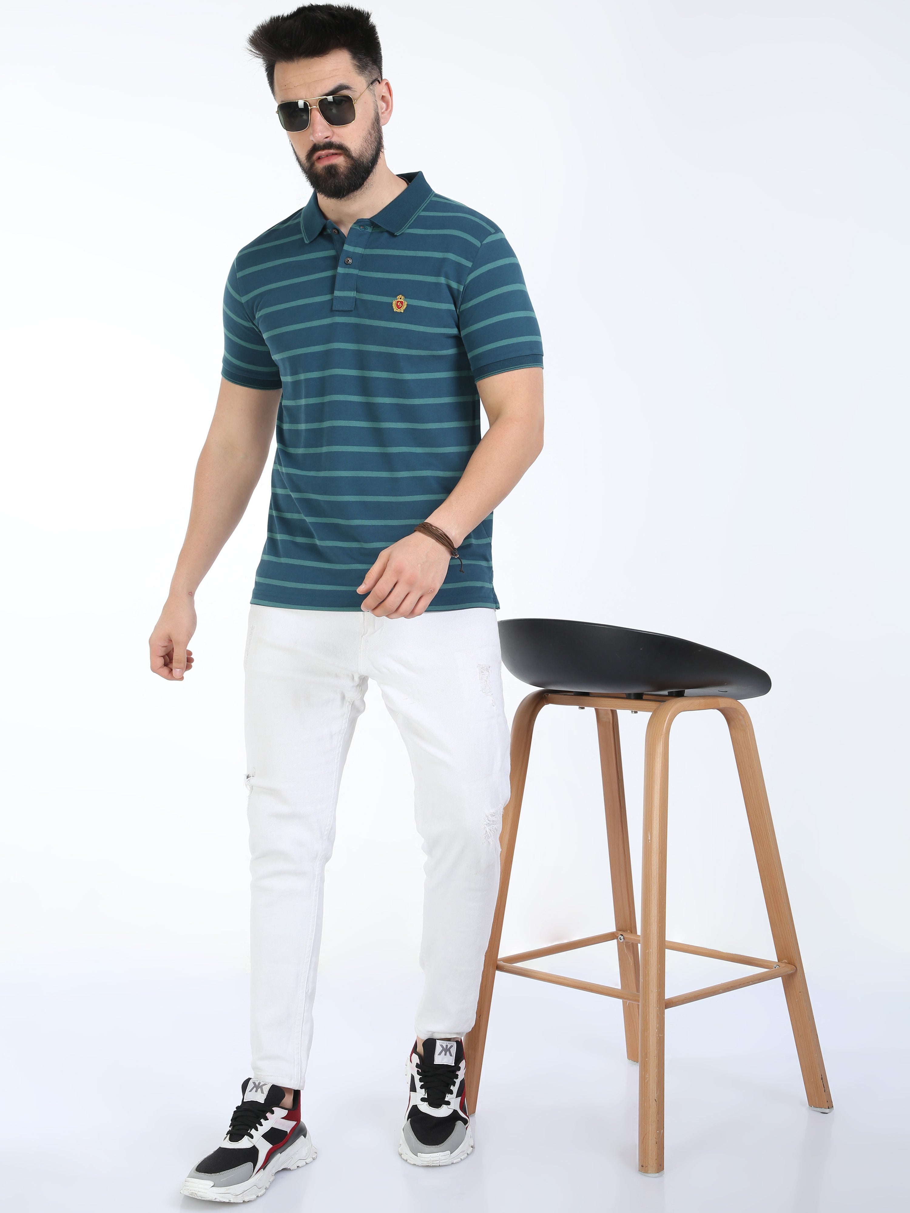 Classic Polo Mens Cotton Half Sleeves Striped Slim Fit Polo Neck Green Color T-Shirt | Cpeg - 310 A Sf P