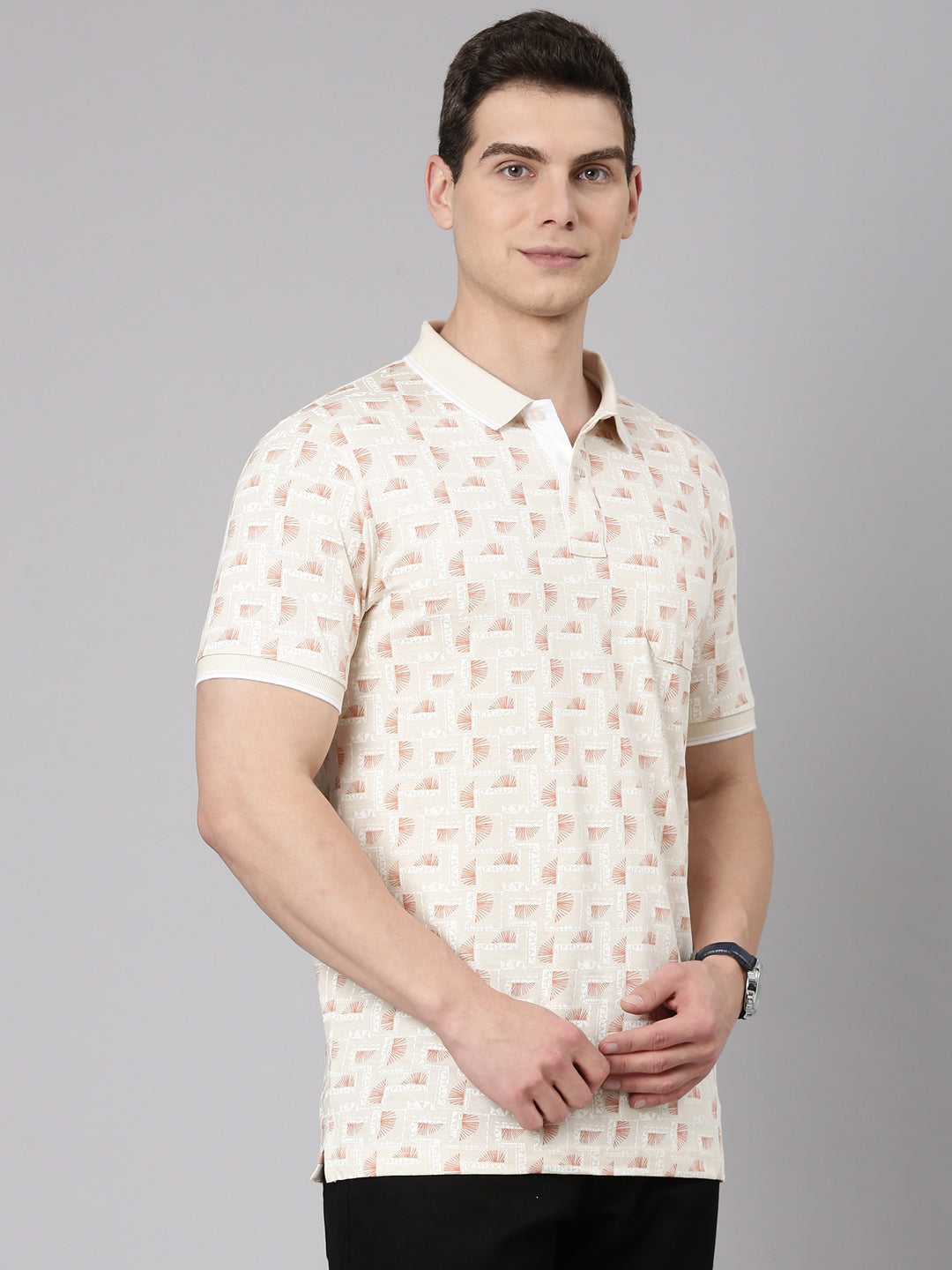 Classic Polo Men's Half Sleeve Beige/Brown Polo Neck Slim Fit All Over Print Cotton T-Shirt | BELLO - 345 B SF P