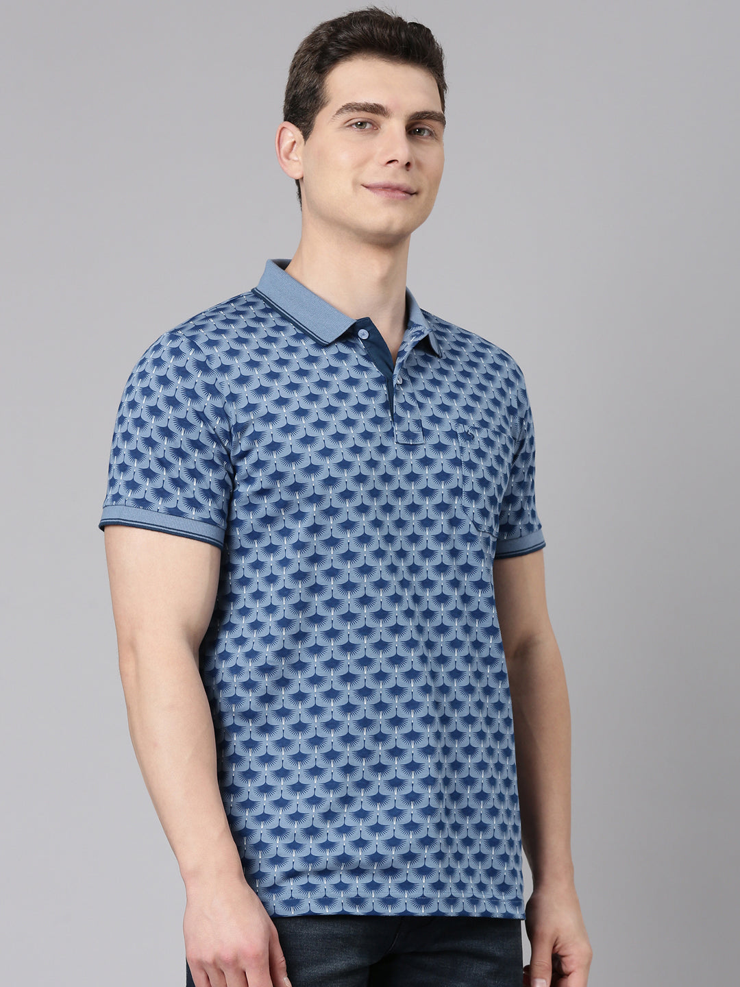 Classic Polo Men's Half Sleeve Blue Polo Neck Slim Fit All Over Print Cotton T-Shirt | BELLO - 350 A SF P