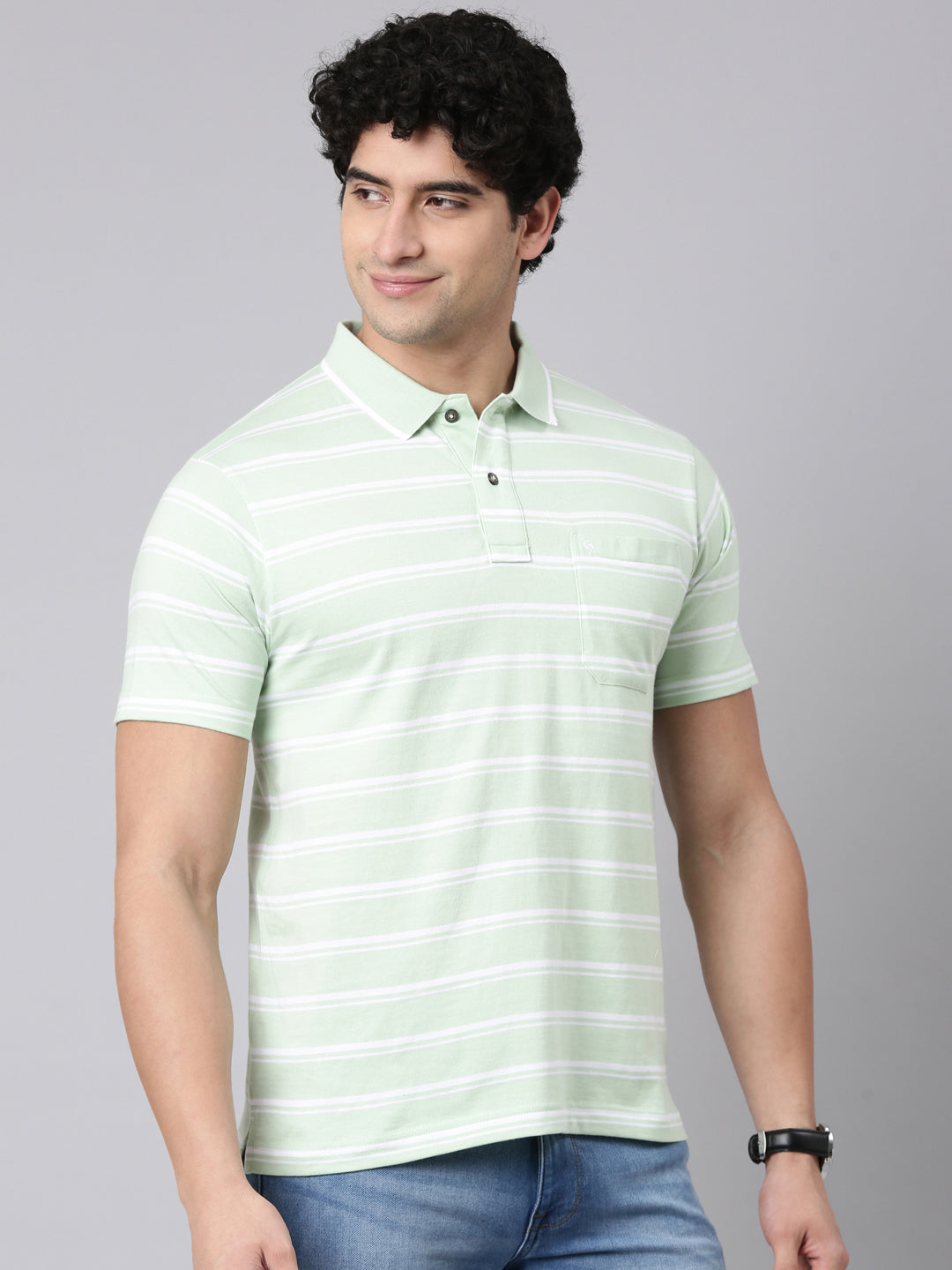 Classic Polo Men's Half Sleeve Light Green Polo Neck Authentic Fit Striped Cotton T-Shirt | FEEDERS - 302 B AF P