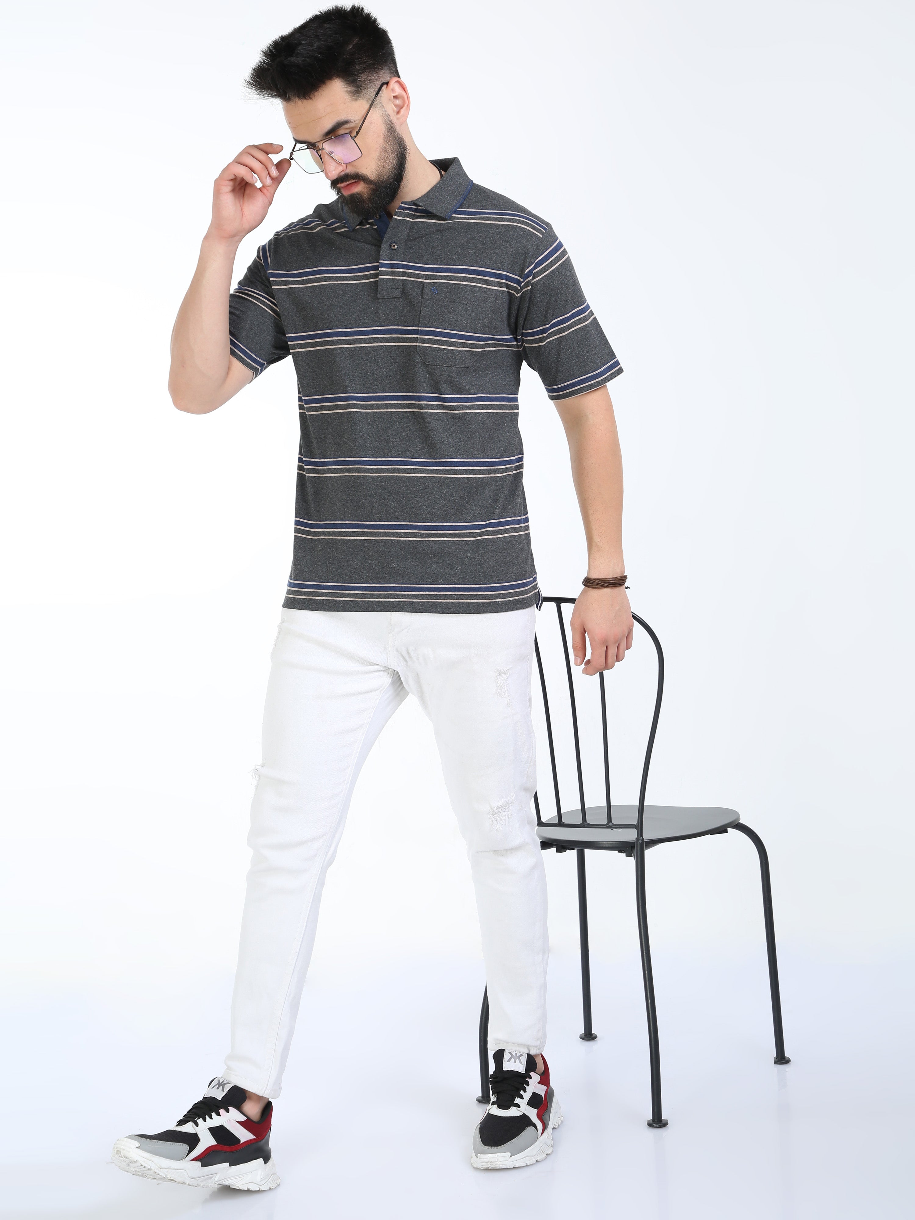 Classic Polo Mens Cotton Half Sleeves Striped Authentic Fit Polo Neck Grey Color T-Shirt | Mel - 241 B Af P