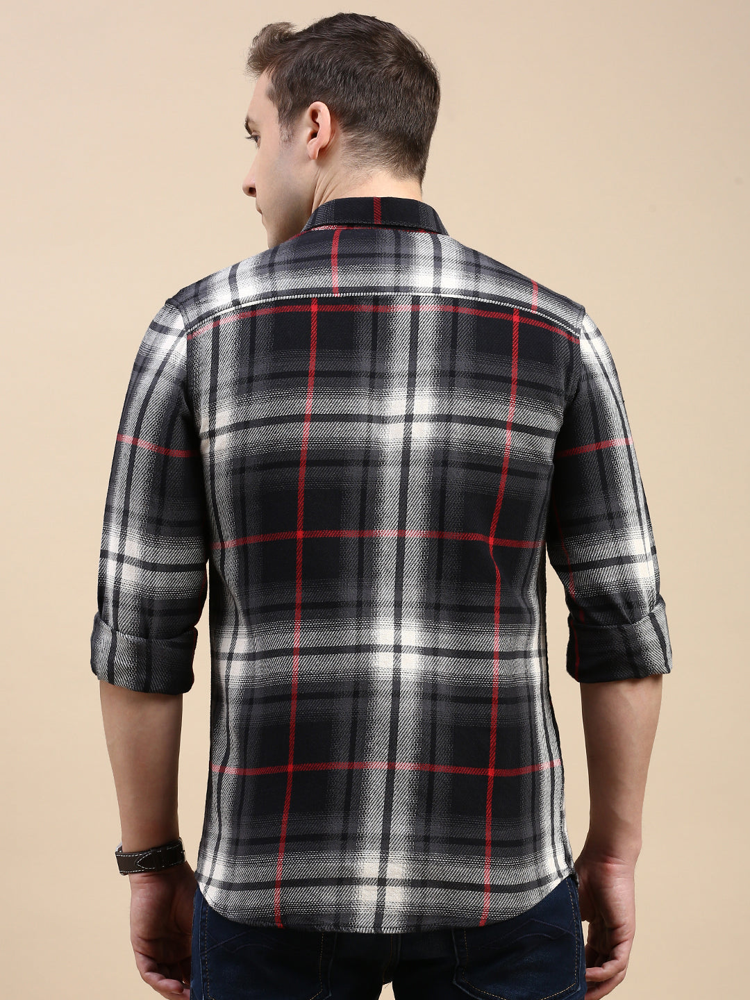 CP BRO Men's Polo Neck Cotton Black/White Slim Fit Checked Shirt | SBO2-29A-FS-CHK-BSL