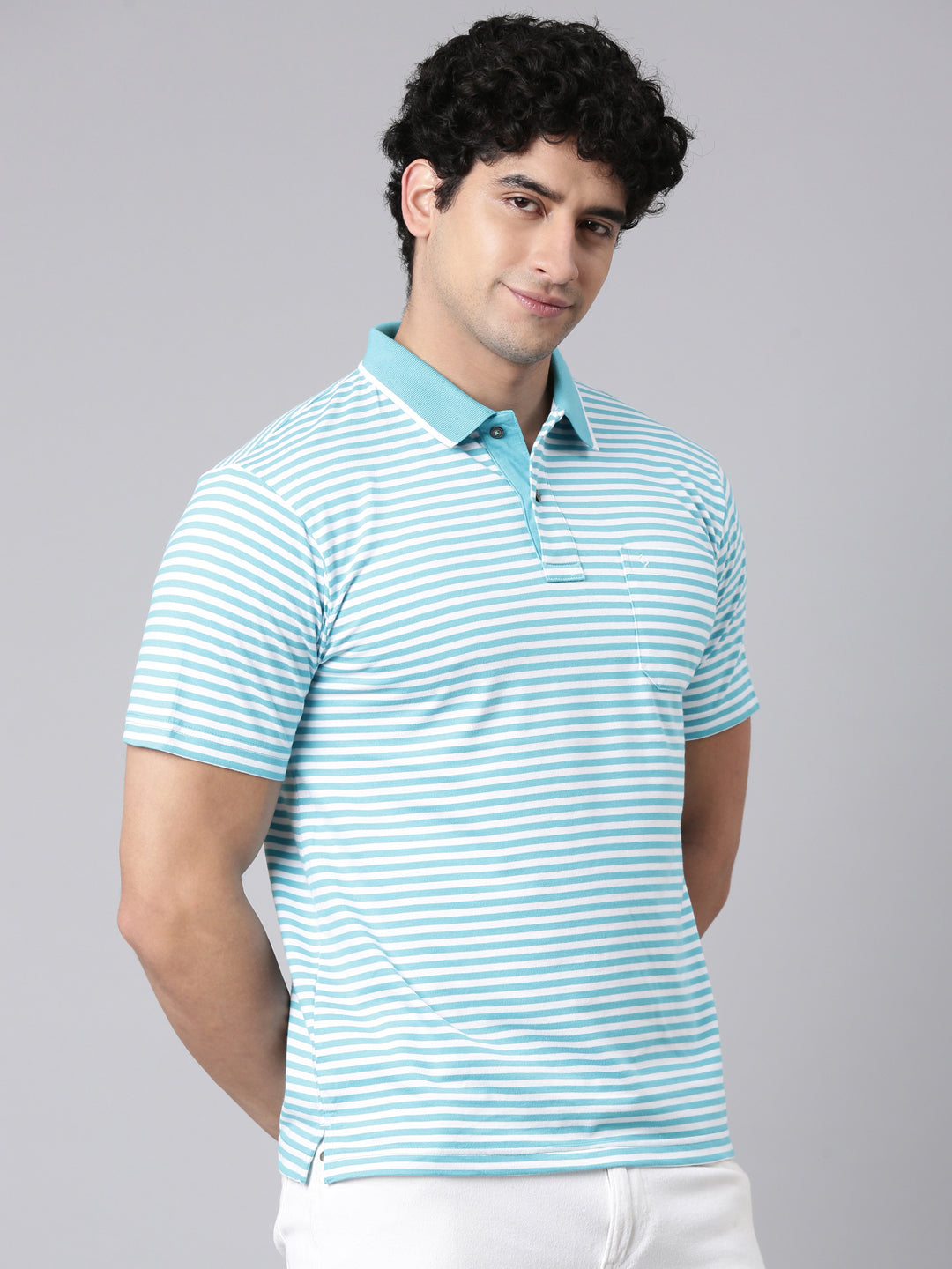 Classic Polo Men's Half Sleeve Blue/White Polo Neck Authentic Fit Striped Cotton Blend T-Shirt | FEEDERS - 304 A AF P