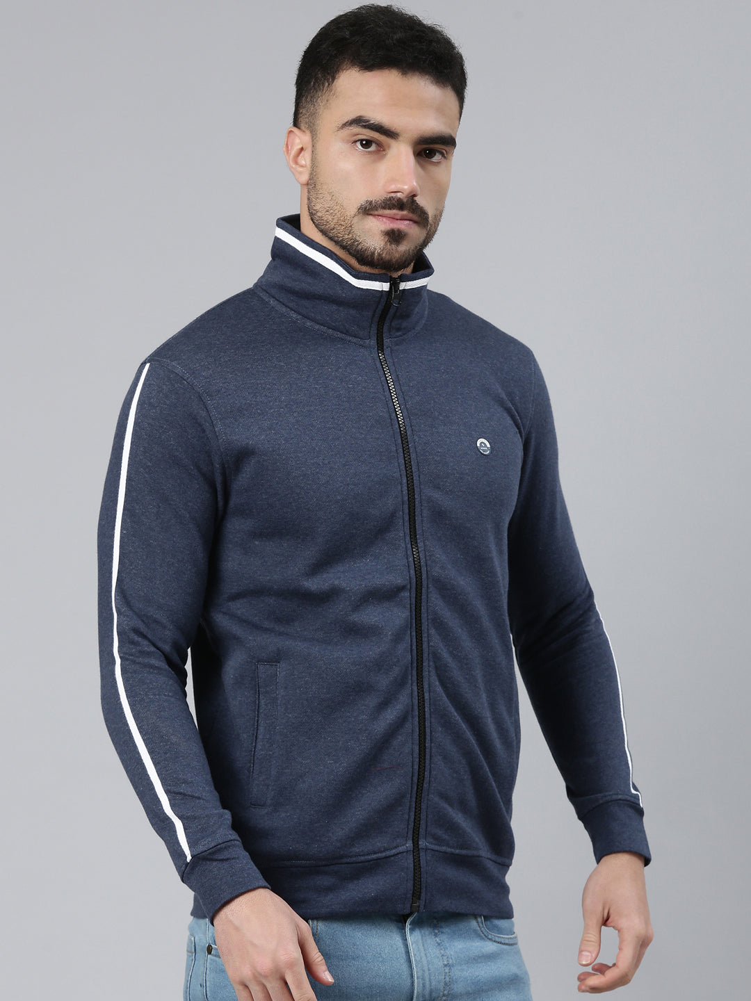 Classic Polo Men's Navy Melange High Neck Front Open Zipper Solid Side Pocket Sweatshirt | LSWT - 02 B