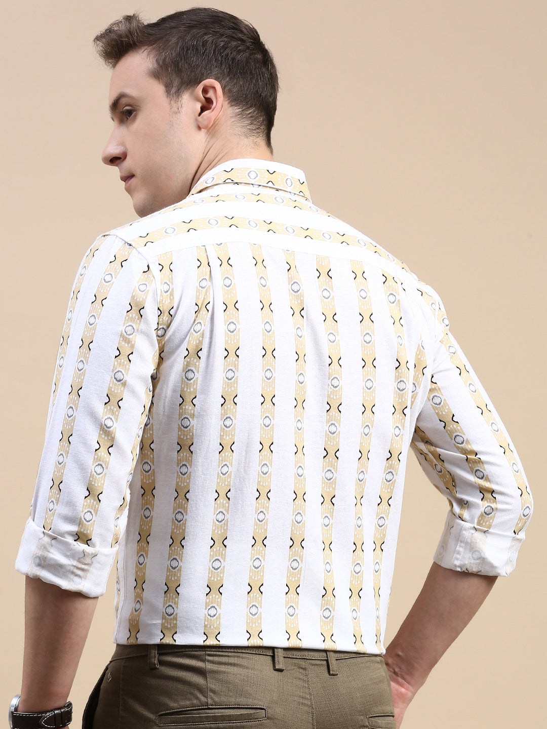 Classic Polo Men's Polo Neck Cotton Linen White/Yellow Slim Fit Striped Shirt | LINEN-37A-FS-PRT-SF