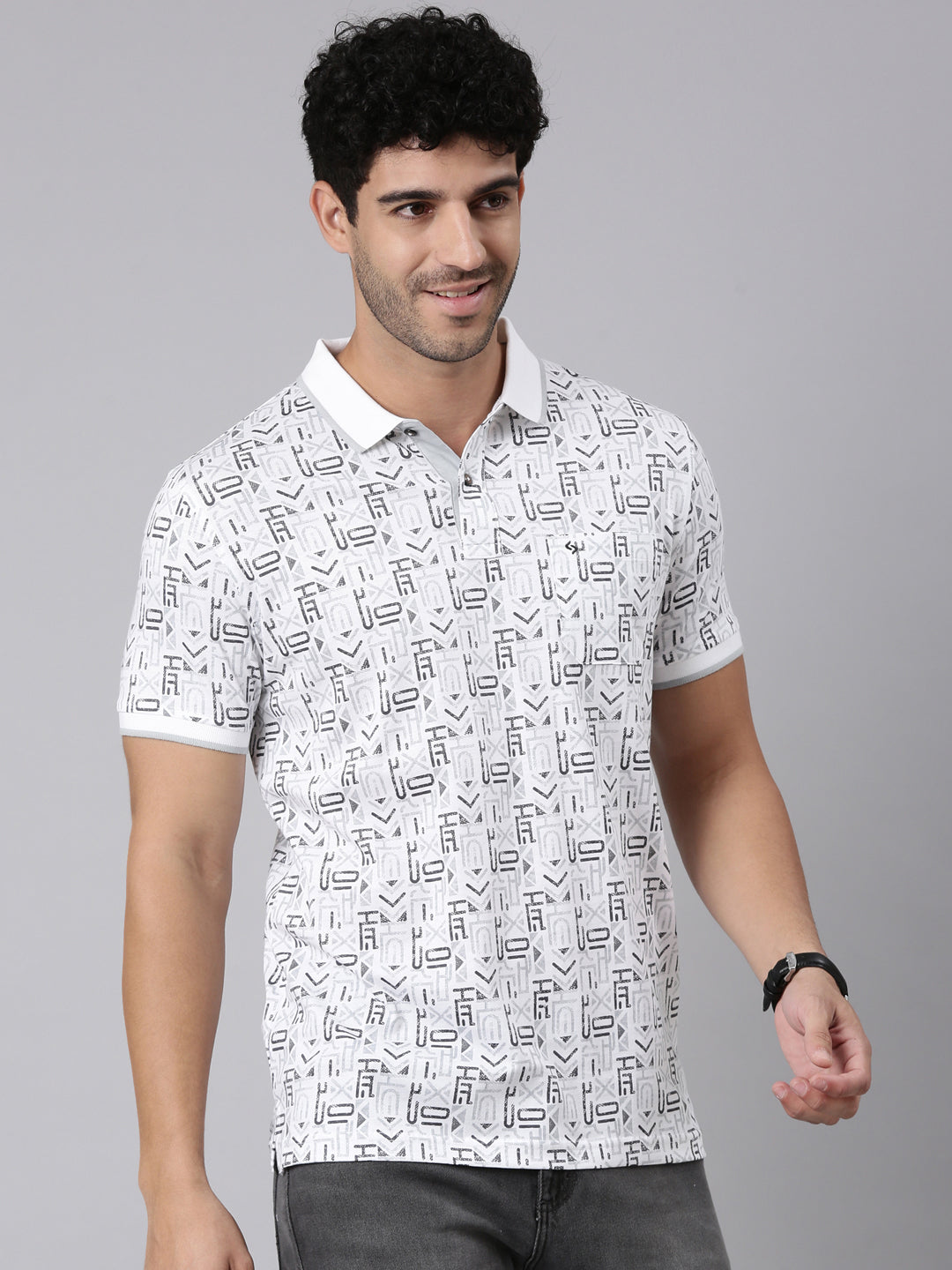 Classic Polo Men's Half Sleeve White Polo Neck Slim Fit All-Over Print Cotton T-Shirt | BELLO - 418 A SF P