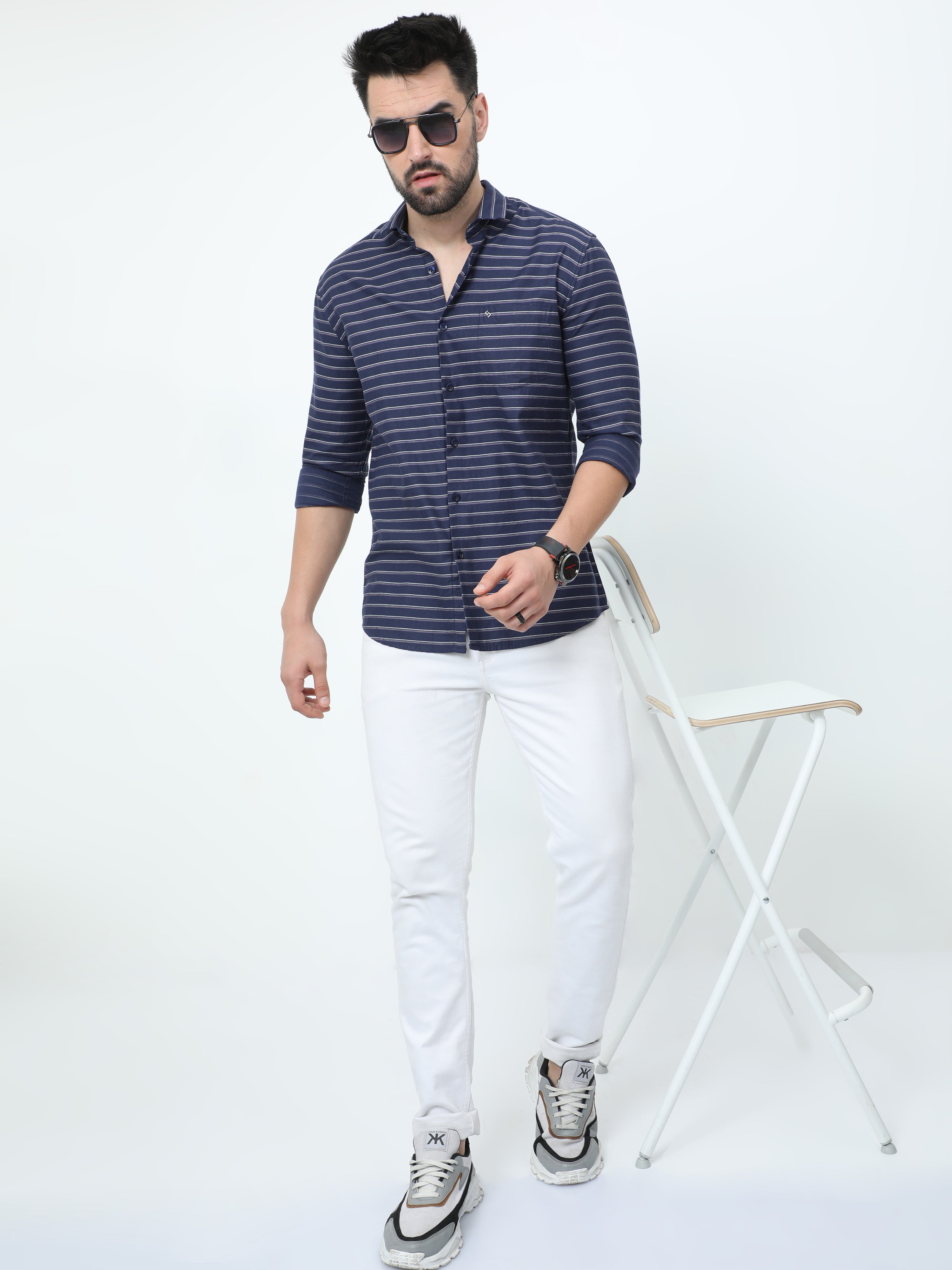 Classic Polo Mens Pure Cotton Full Sleeves Striped Slim Fit Polo Neck Navy Blue Color Woven Shirt | So2-173 A-Fs-Str-Sf