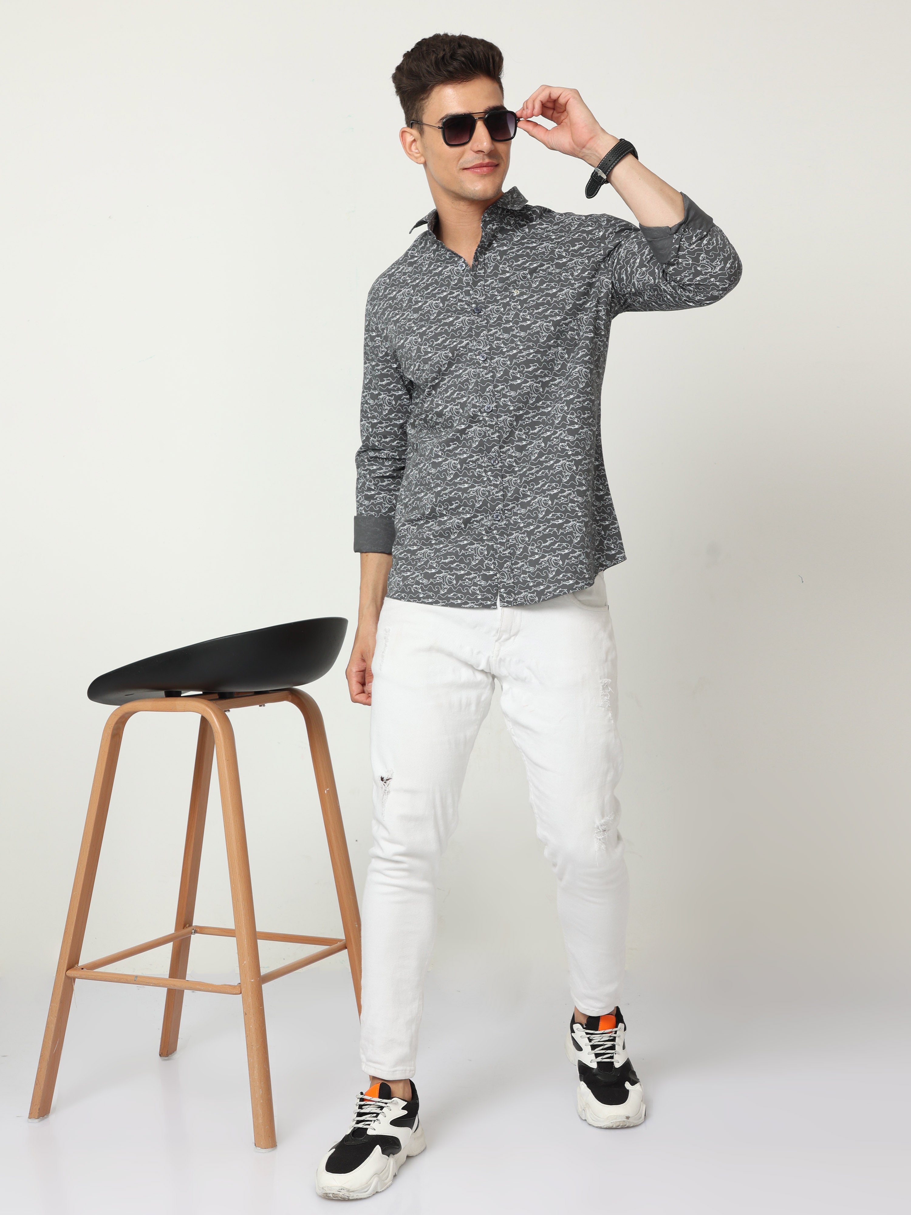 Classic Polo Mens Cotton Full Sleeve Printed Slim Fit Polo Neck Grey Color Woven Shirt | SO1-148 B-FS-PRT