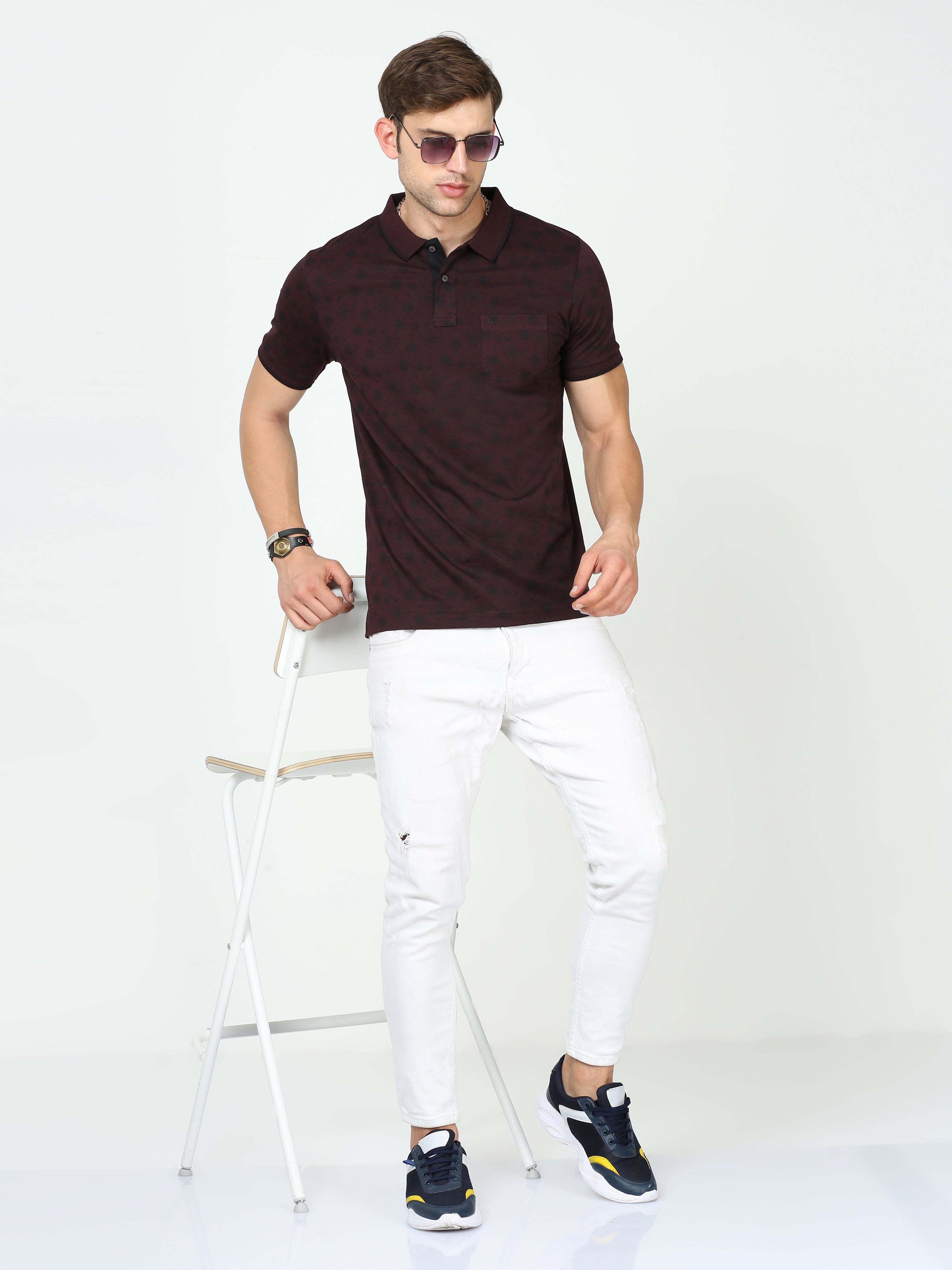 Classic Polo Mens Cotton Half Sleeves Floral Slim Fit Polo Neck Maroon Color T-Shirt | Bello - 228 B Sf P