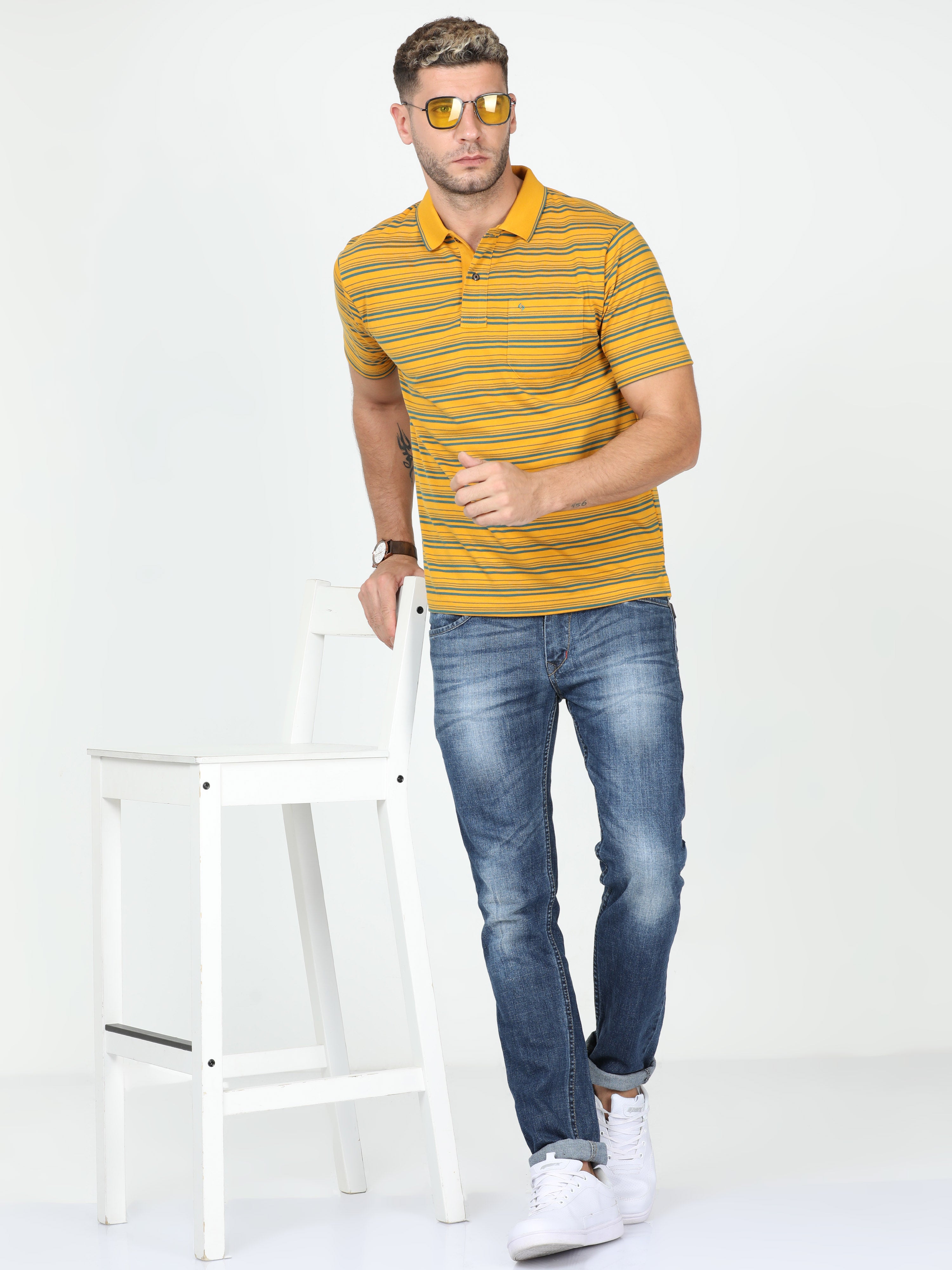 Classic Polo Mens Cotton Half Sleeve Striped Authentic Fit Polo Neck Yellow Color T Shirt | F-Feeders - 109 A