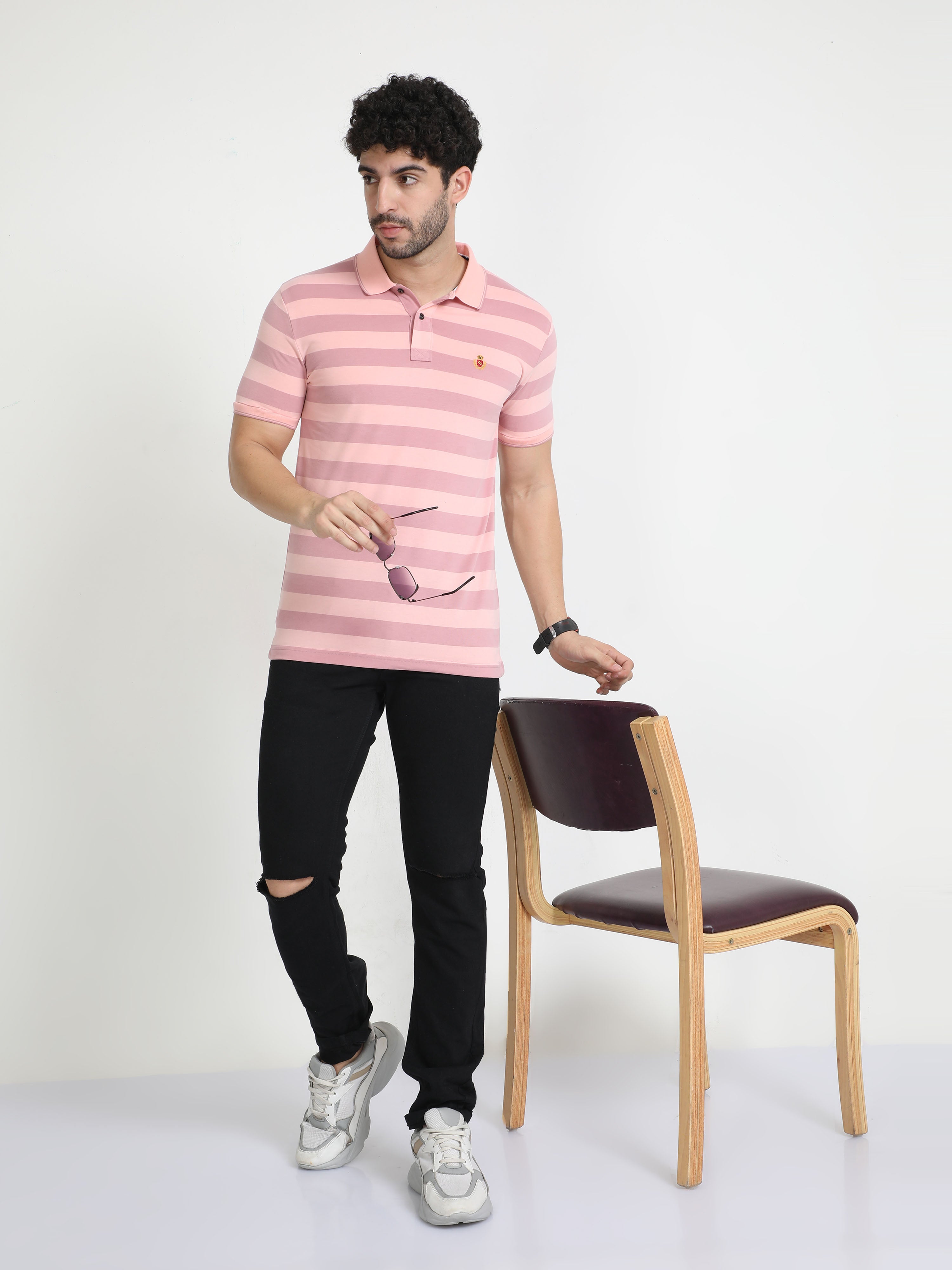 Classic Polo Mens Cotton Half Sleeves Striped Slim Fit Polo Neck Peach Color T-Shirt | Cpeg - 308 A Sf P