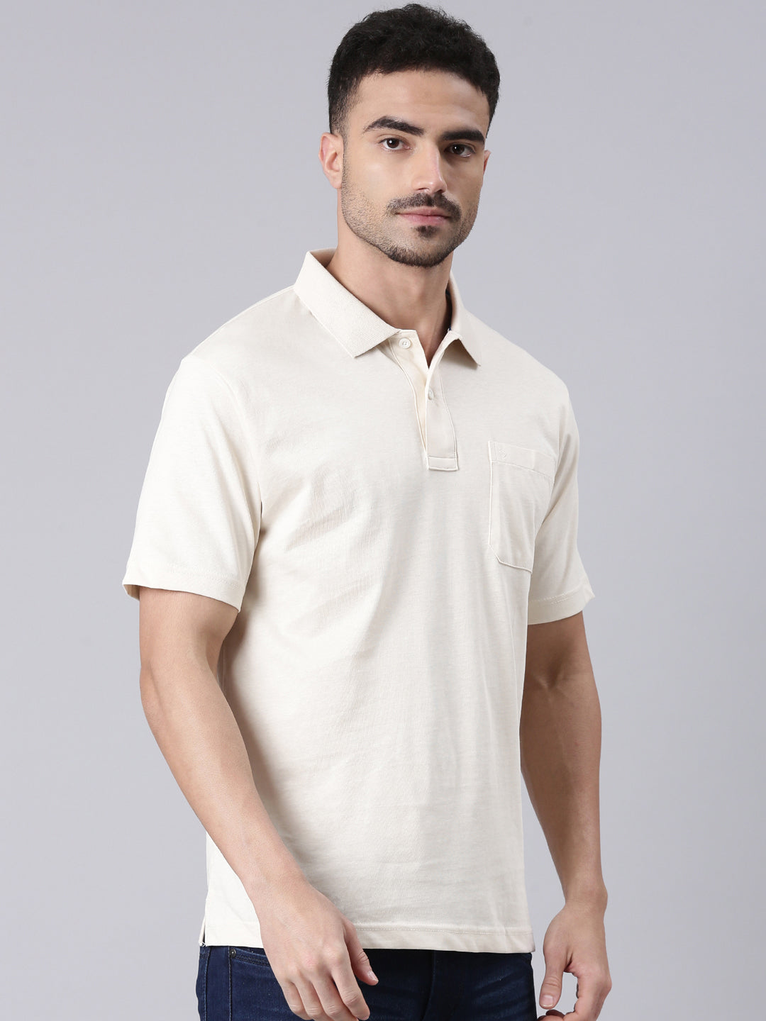 Classic Polo Men's Half Sleeve Ecru Polo Neck Authentic Fit Solid Cotton T-Shirt | TOY-SOLIX-W.GRY AF P