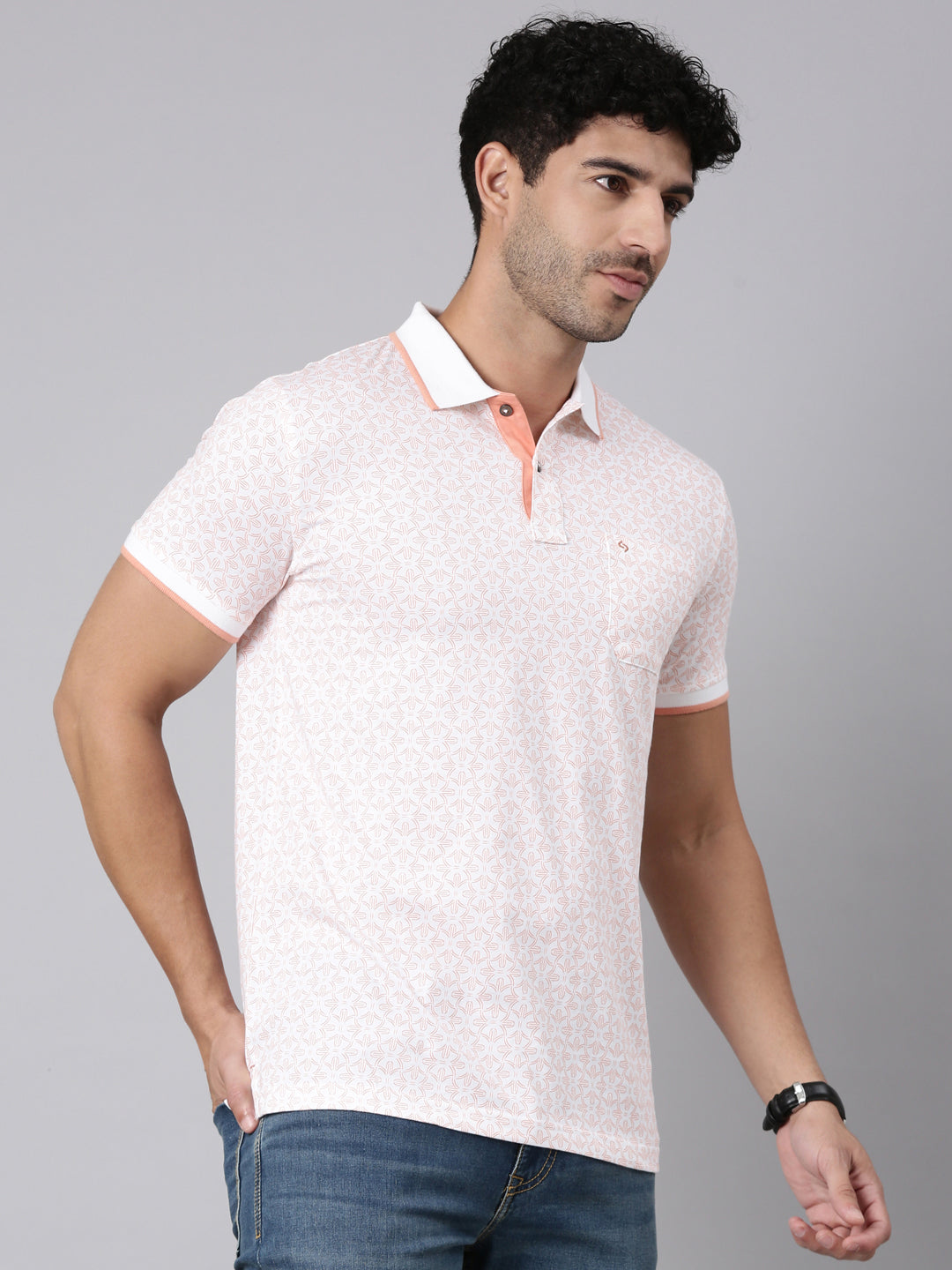 Classic Polo Men's Half Sleeve White/Orange Polo Neck Slim Fit All-Over Print Cotton T-Shirt | BELLO - 393 B SF P