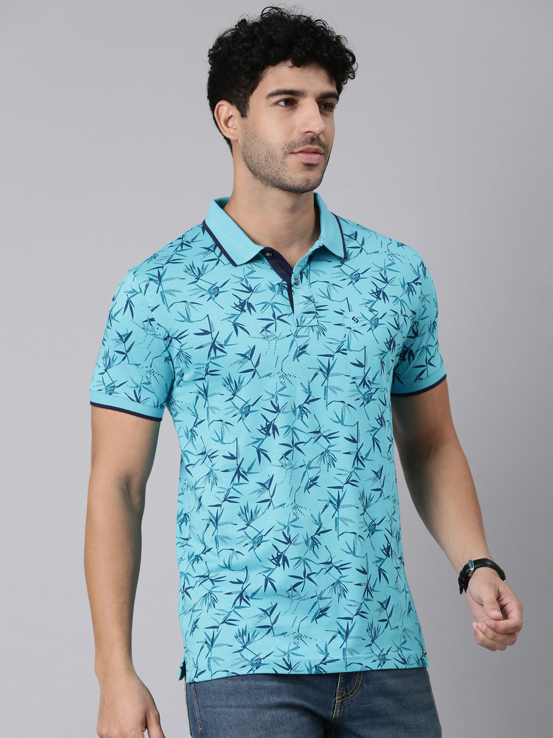 Classic Polo Men's Half Sleeve Blue Polo Neck Slim Fit All-Over Print Cotton T-Shirt | BELLO - 417 A SF P