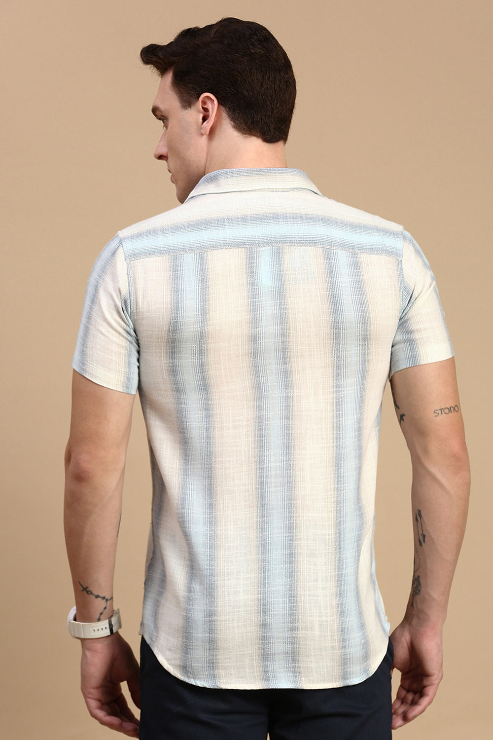 Classic Polo Men's Half Sleeve Beige/Blue Polo Neck Slim Fit Striped Shirt | SP2-GN-01 B-HS-STR-BSL