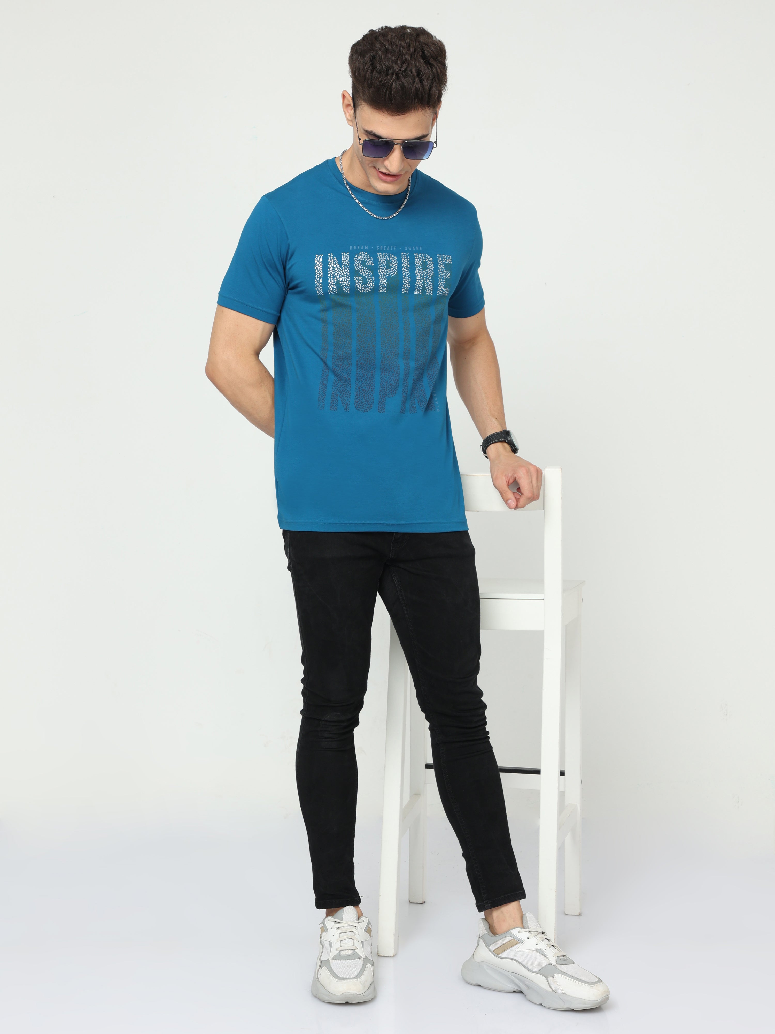 Classic Polo Mens Pure Cotton Half Sleeve Printed Slim Fit Crew Neck Blue Color T Shirt | Baleno - 495 B