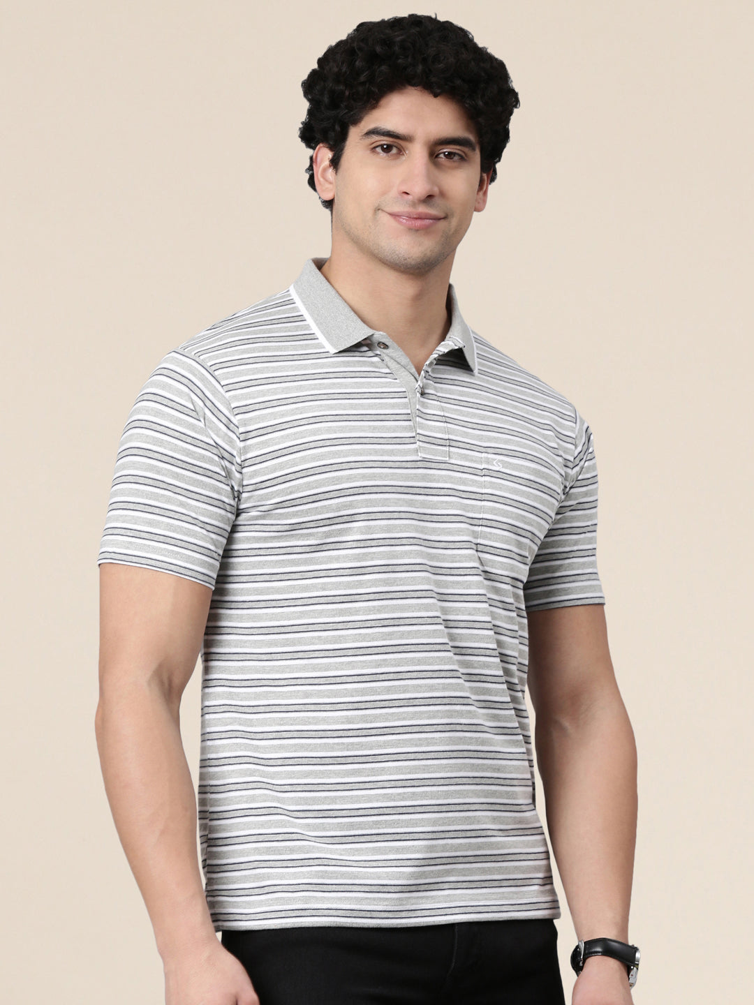 Classic Polo Men's Half Sleeve Grey/White Polo Neck Authentic Fit Striped Cotton Blend T-Shirt | FEEDERS - 312 B AF P