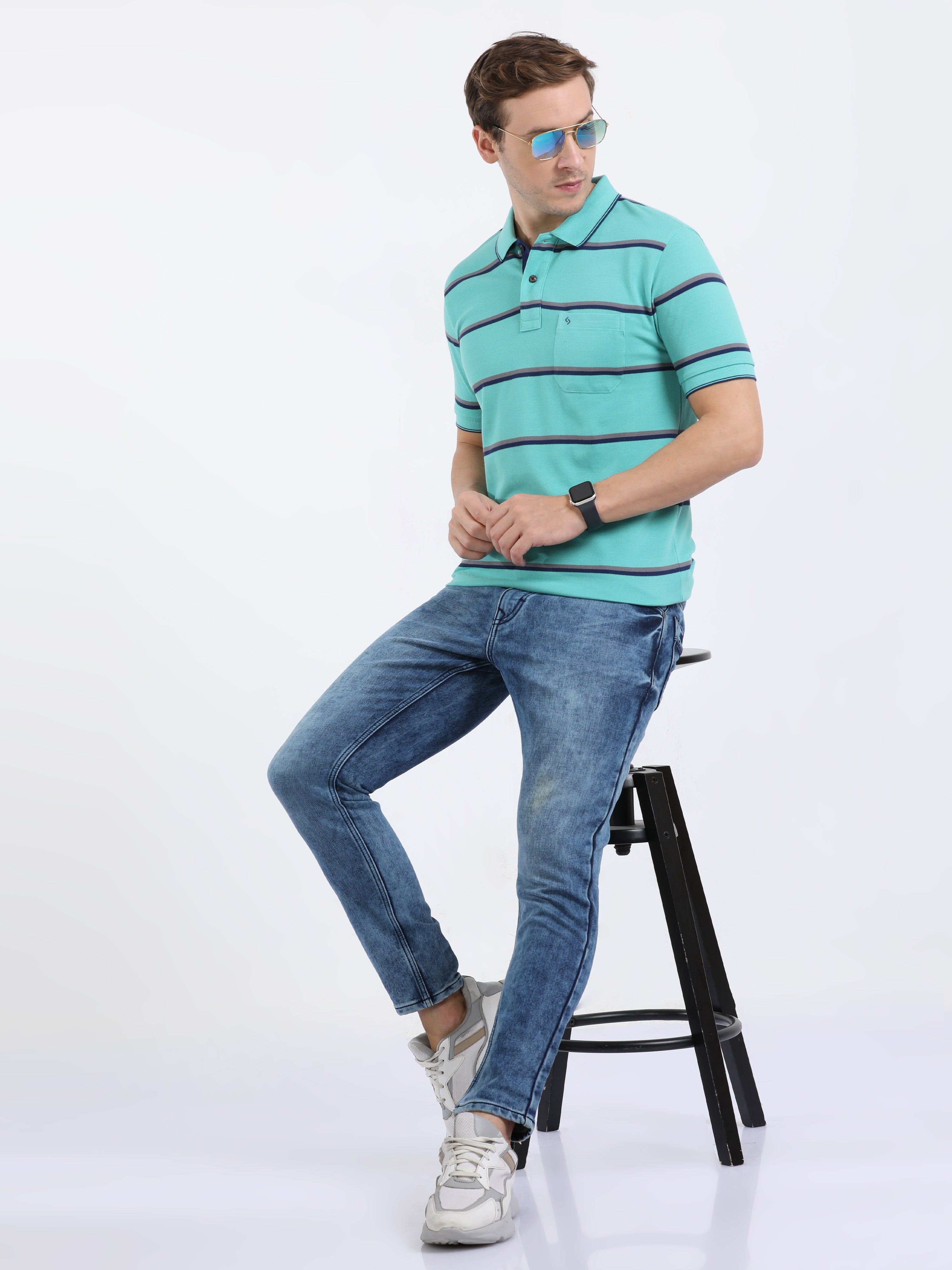 Classic Polo Mens Cotton Half Sleeves Striped Slim Fit Polo Neck Blue Color T-Shirt | Adore - 208 B Sf P