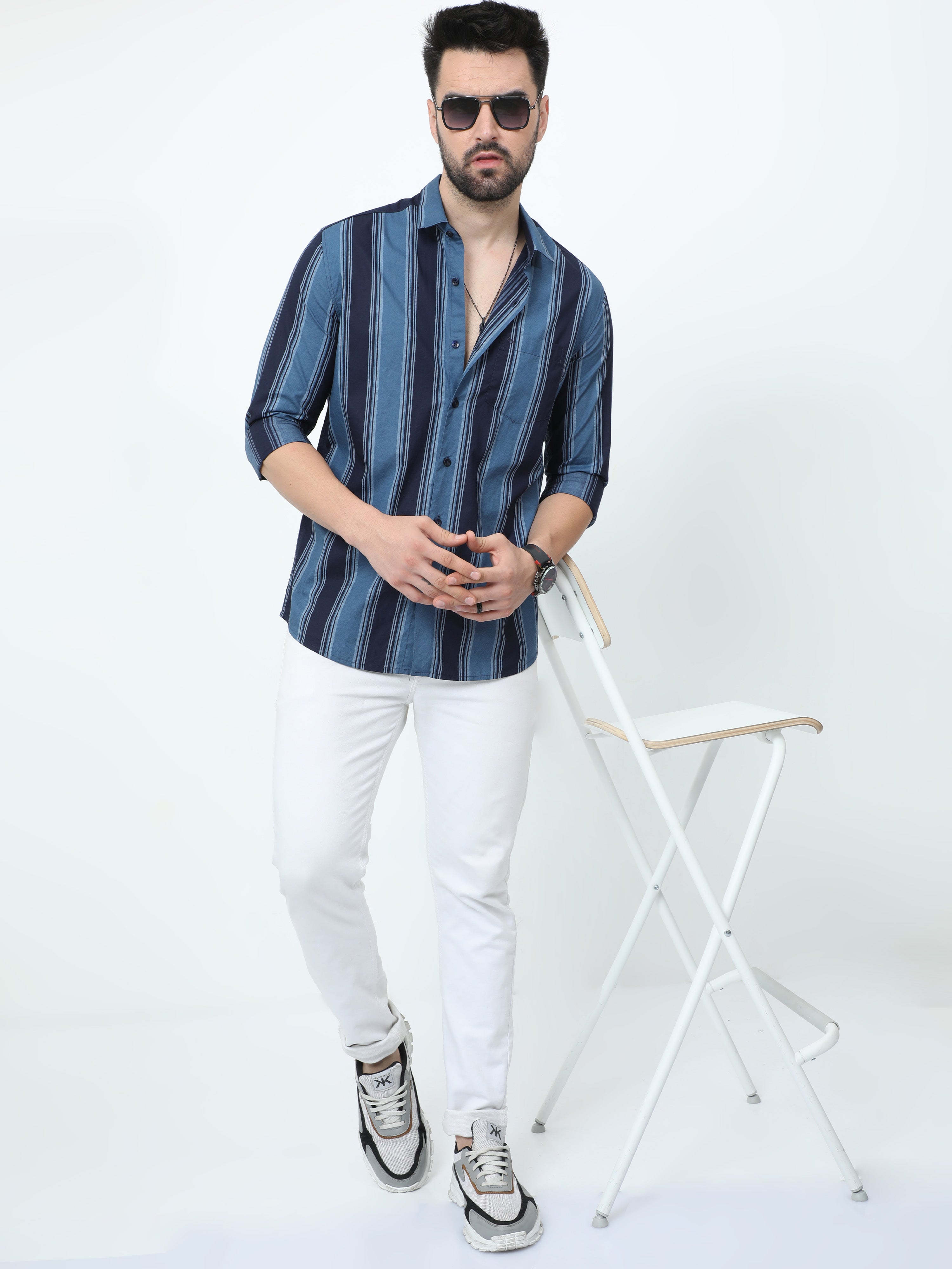Classic Polo Mens Pure Cotton Full Sleeves Striped Slim Fit Polo Neck Blue Color Woven Shirt | So2-178 A-Fs-Str-Sf