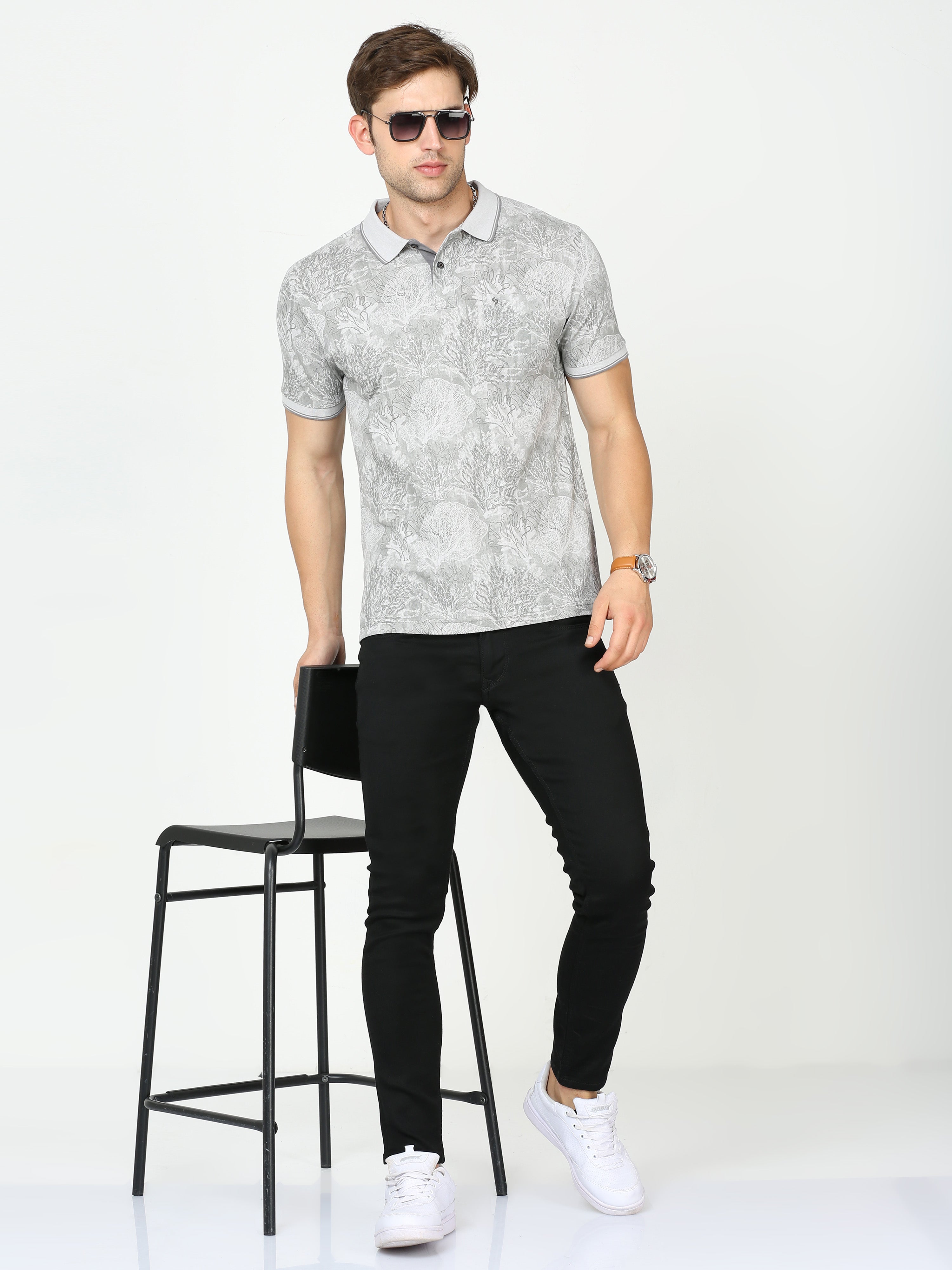 Classic Polo Mens Pure Cotton Half Sleeves Floral Slim Fit Polo Neck Grey Color T-Shirt | Beau - 213 A Sf P