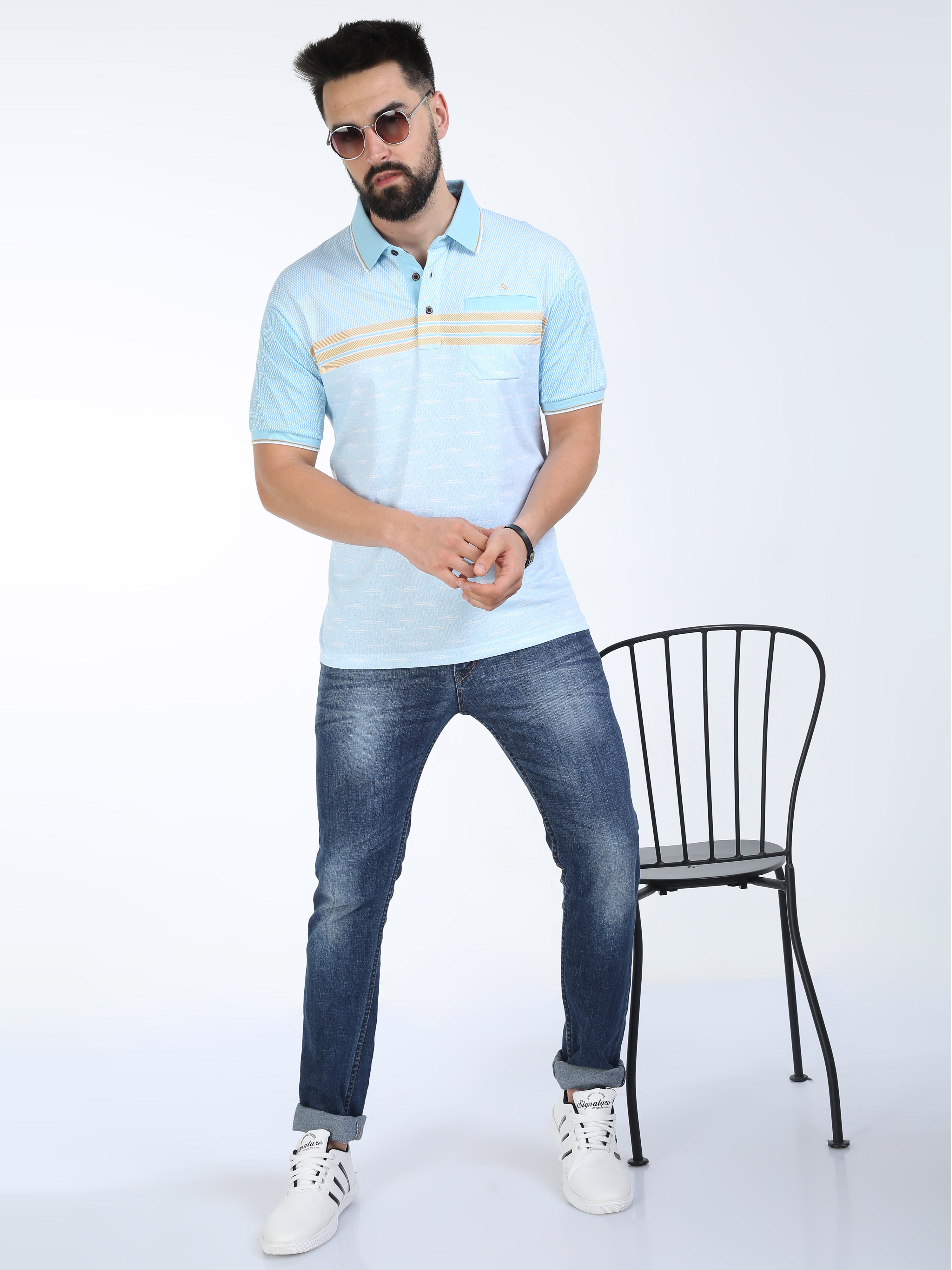Classic Polo Mens Pure Cotton Half Sleeves Striped Authentic Fit Polo Neck Aqua Blue Color T-Shirt | Carve Polo - 16 A Af P