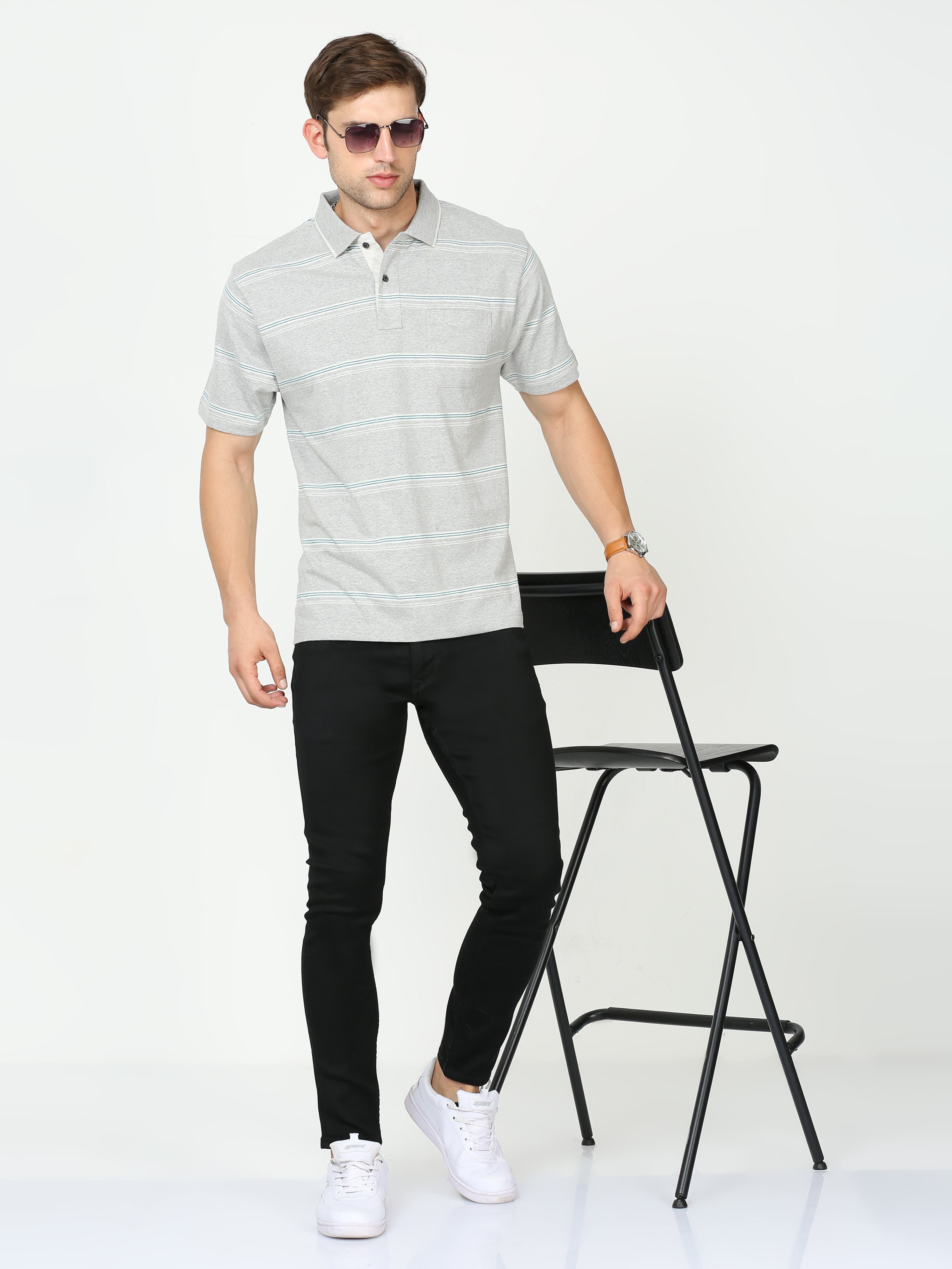 Classic Polo Mens Cotton Half Sleeves Striped Authentic Fit Polo Neck Grey Color T-Shirt | Mel - 238 B Af P