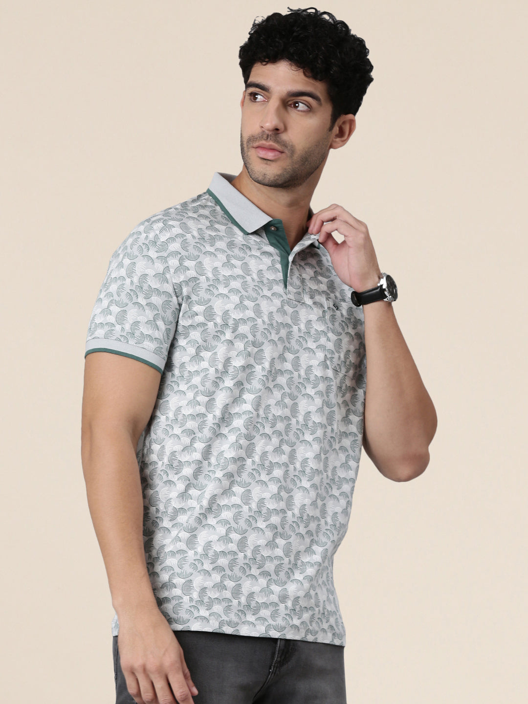 Classic Polo Men's Half Sleeve Light Grey/Teal Polo Neck Slim Fit All-Over Print Cotton T-Shirt | LTS-AOP - 122 B SF P