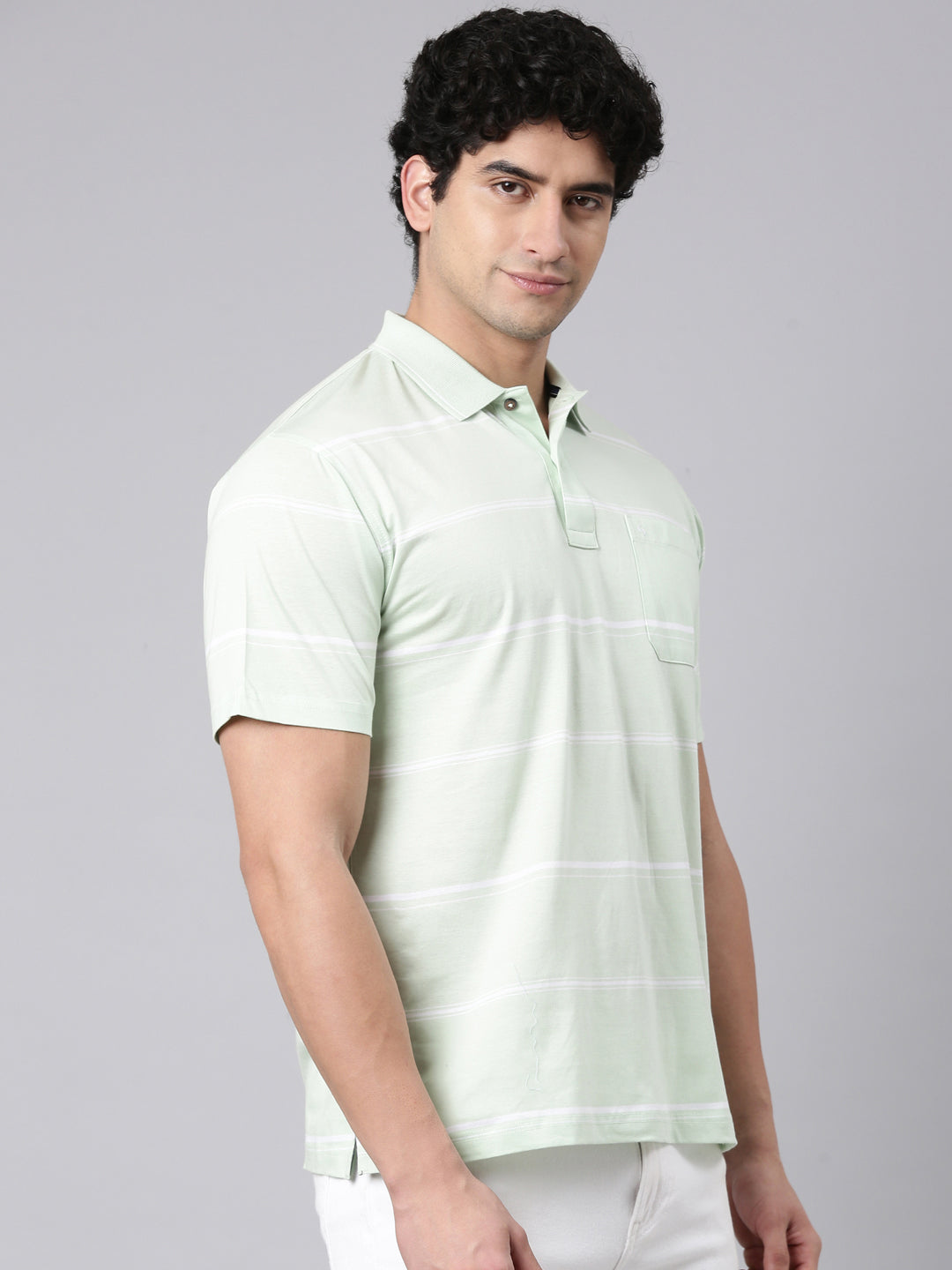 Classic Polo Men's Half Sleeve Light Green Polo Neck Authentic Fit Striped Cotton T-Shirt | AP - 156 A AF P