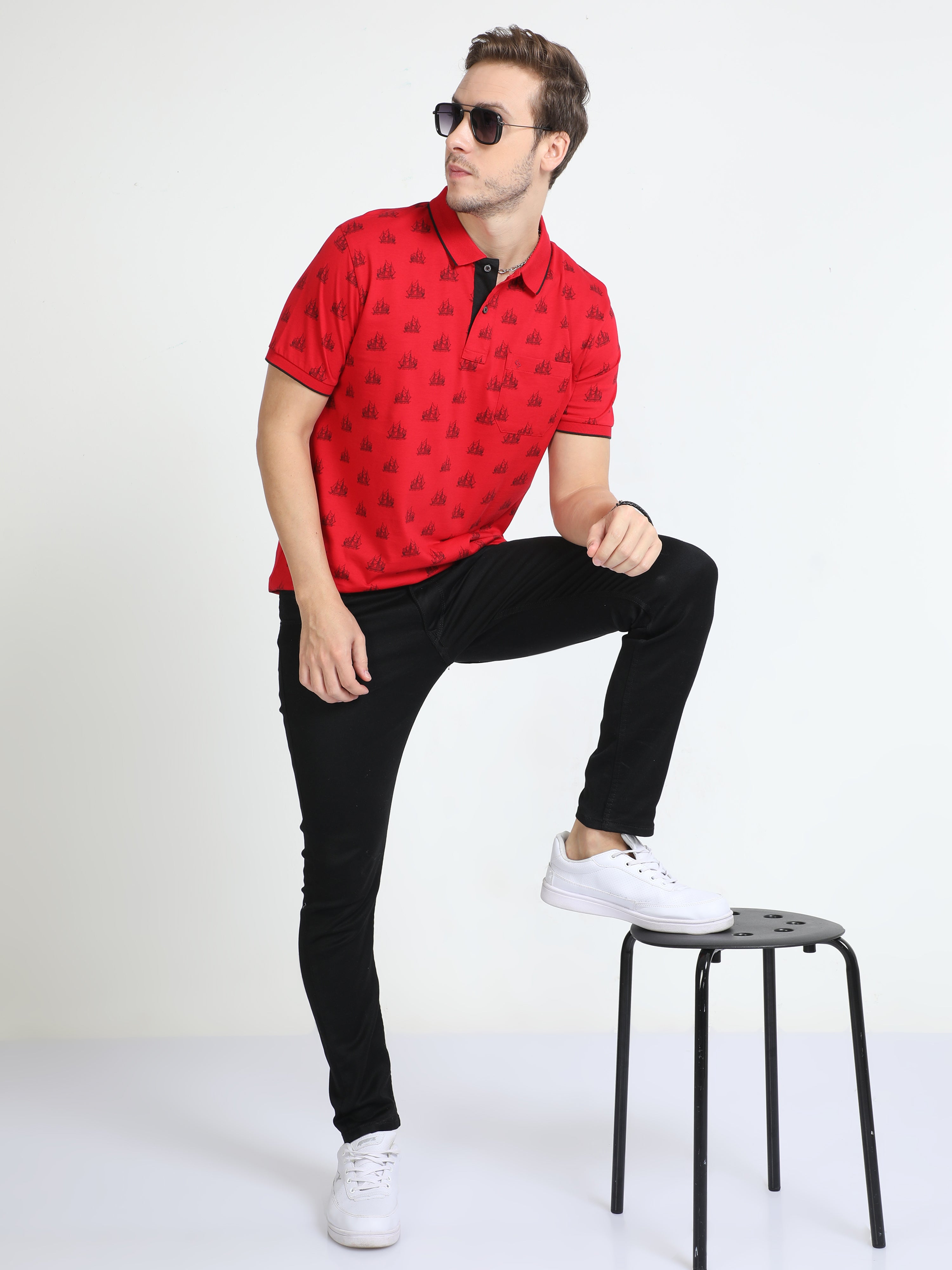 Classic Polo Mens Cotton Half Sleeves Floral Slim Fit Polo Neck Red Color T-Shirt | Bello - 227 A Sf P