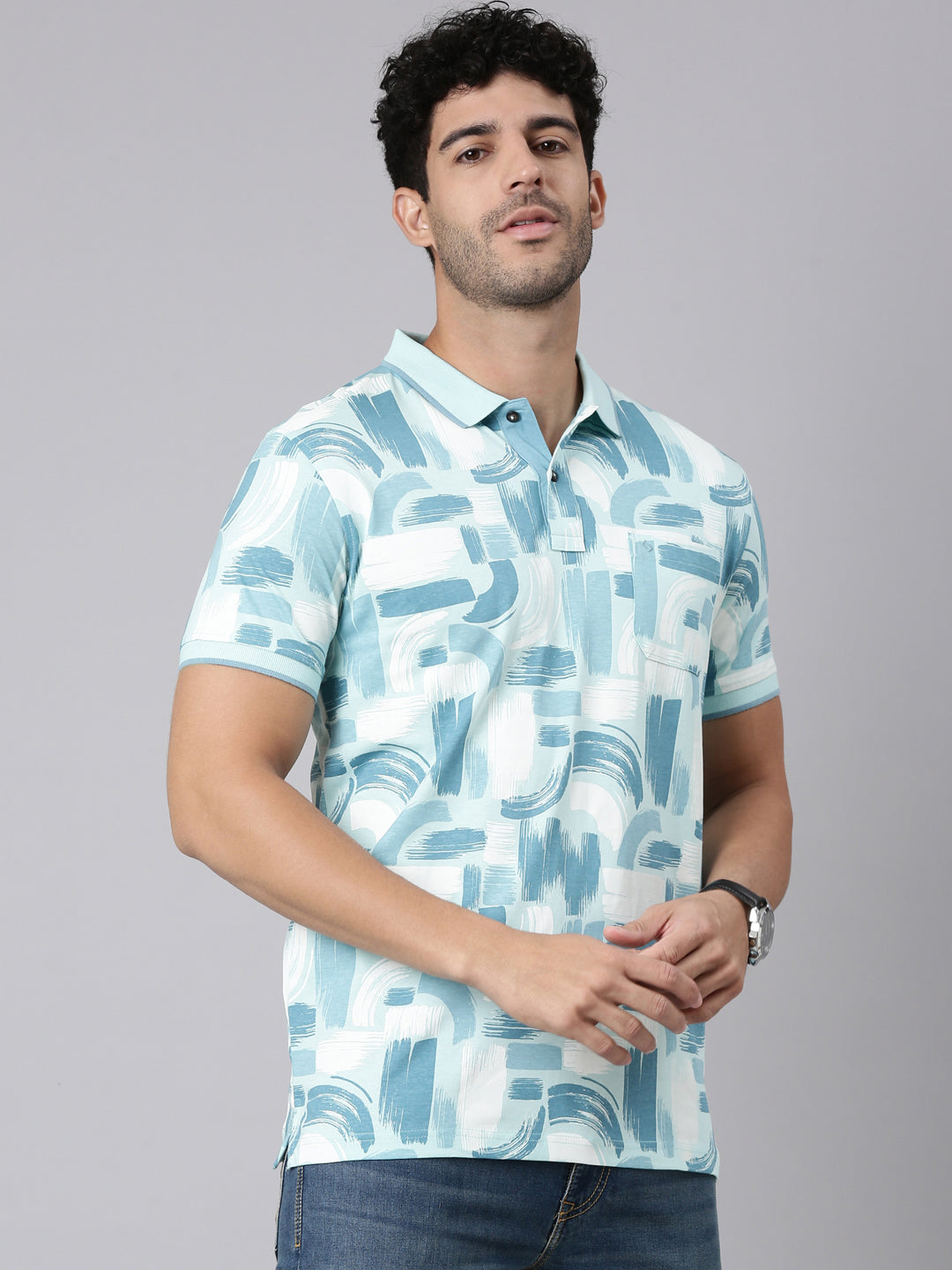 Classic Polo Men's Half Sleeve White/Blue Polo Neck Slim Fit All-Over Print Cotton T-Shirt | BELLO - 392 B SF P