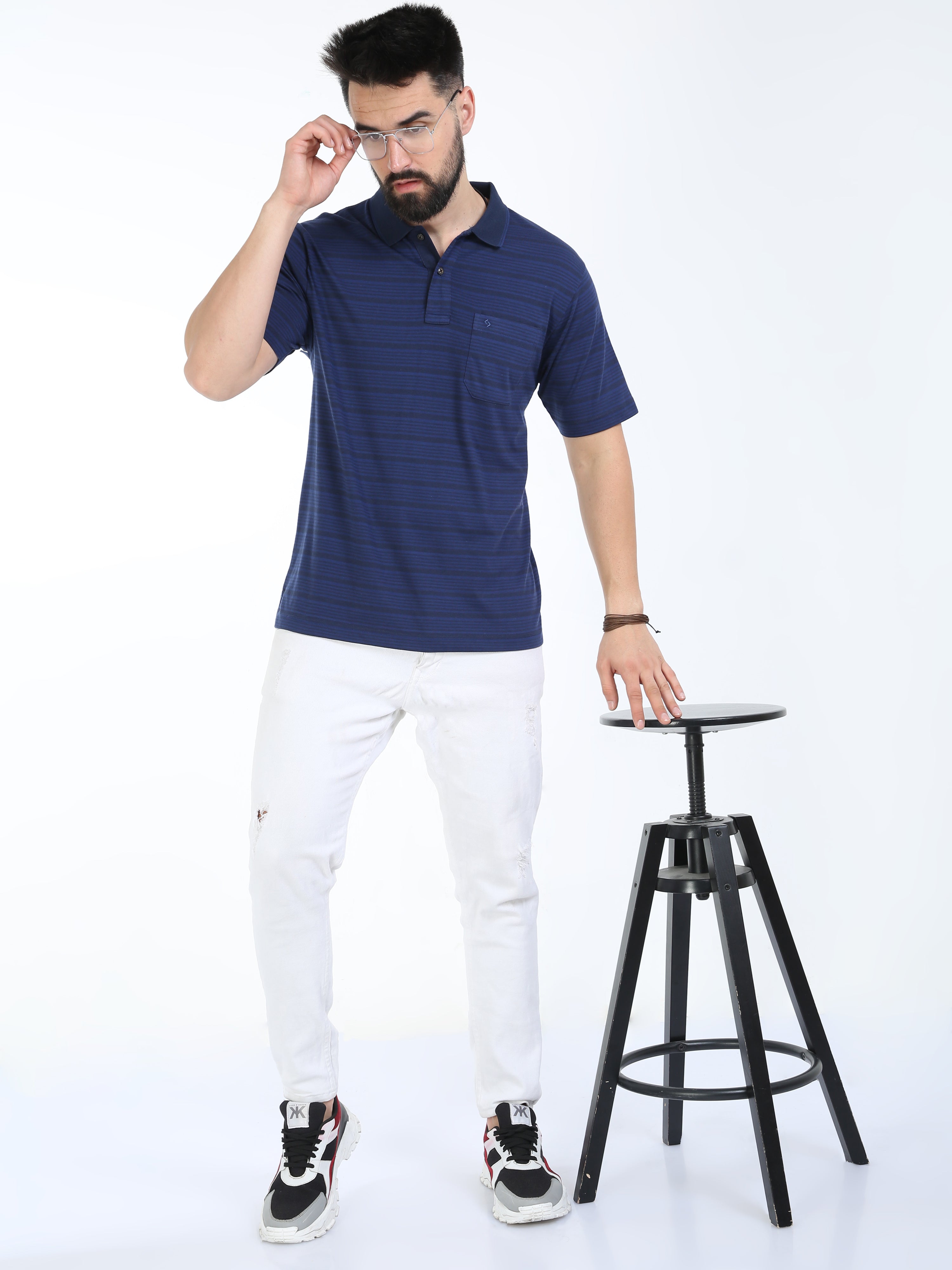 Classic Polo Mens Cotton Half Sleeves Striped Authentic Fit Polo Neck Navy Color T-Shirt | Feeders-240 A Af P