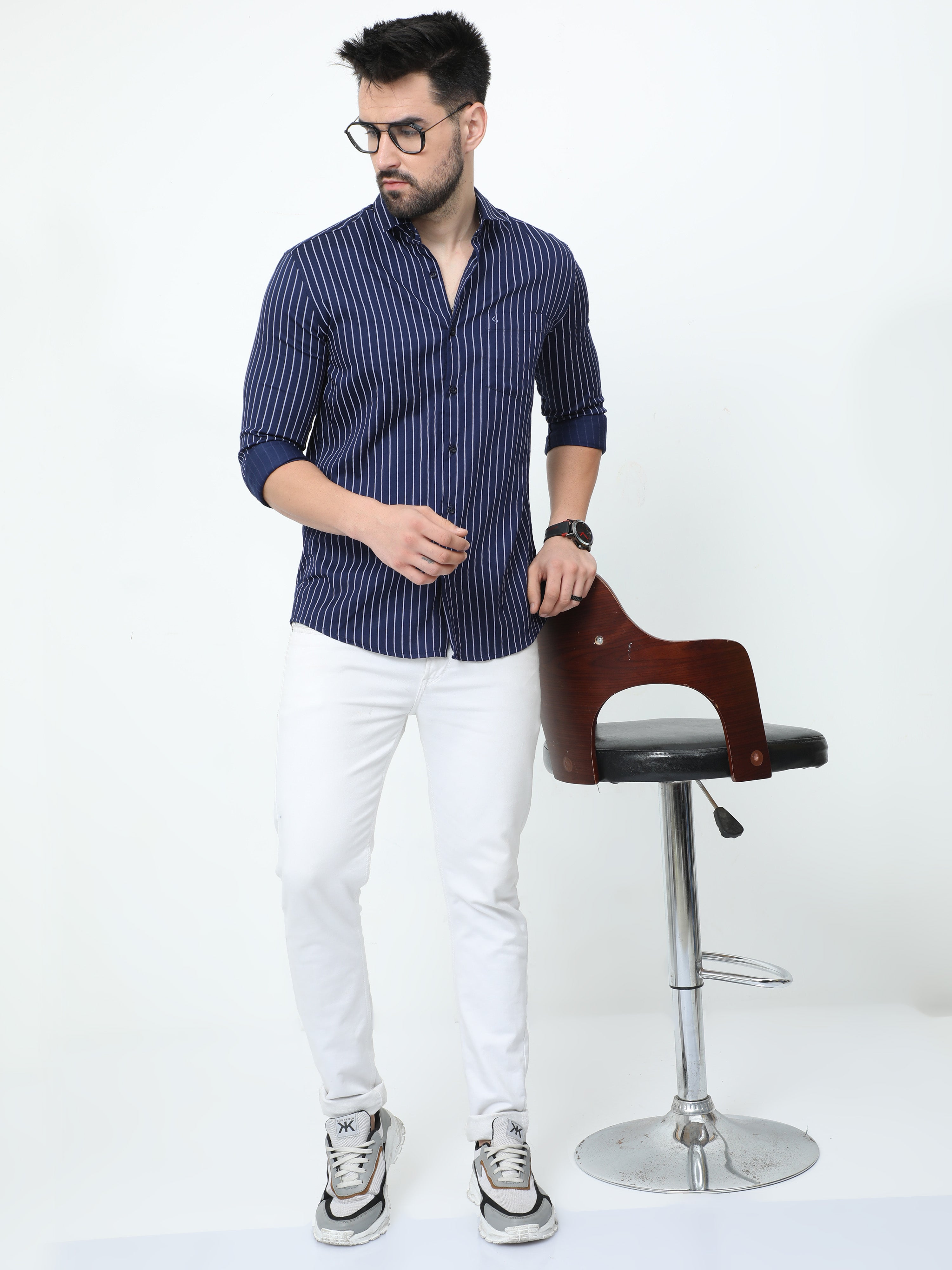 Classic Polo Mens Pure Cotton Full Sleeves Striped Slim Fit Polo Neck Navy Color Woven Shirt | So2-179 A-Fs-Str-Sf