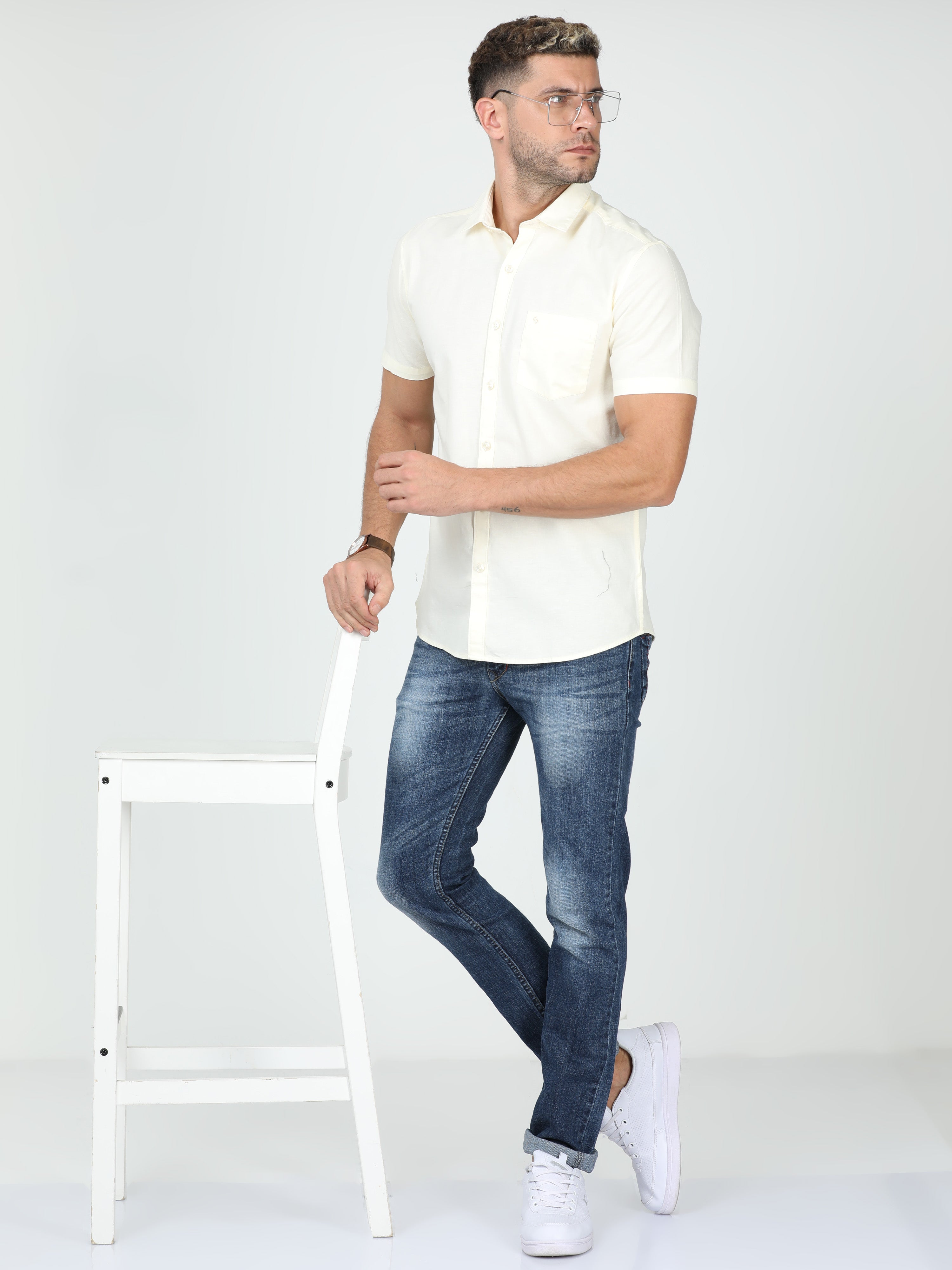 Classic Polo Mens Linen Cotton Half Sleeve Slim Fit Polo Neck Cream Color Woven Shirt | Linen - 12 B-HS-SLD-SF