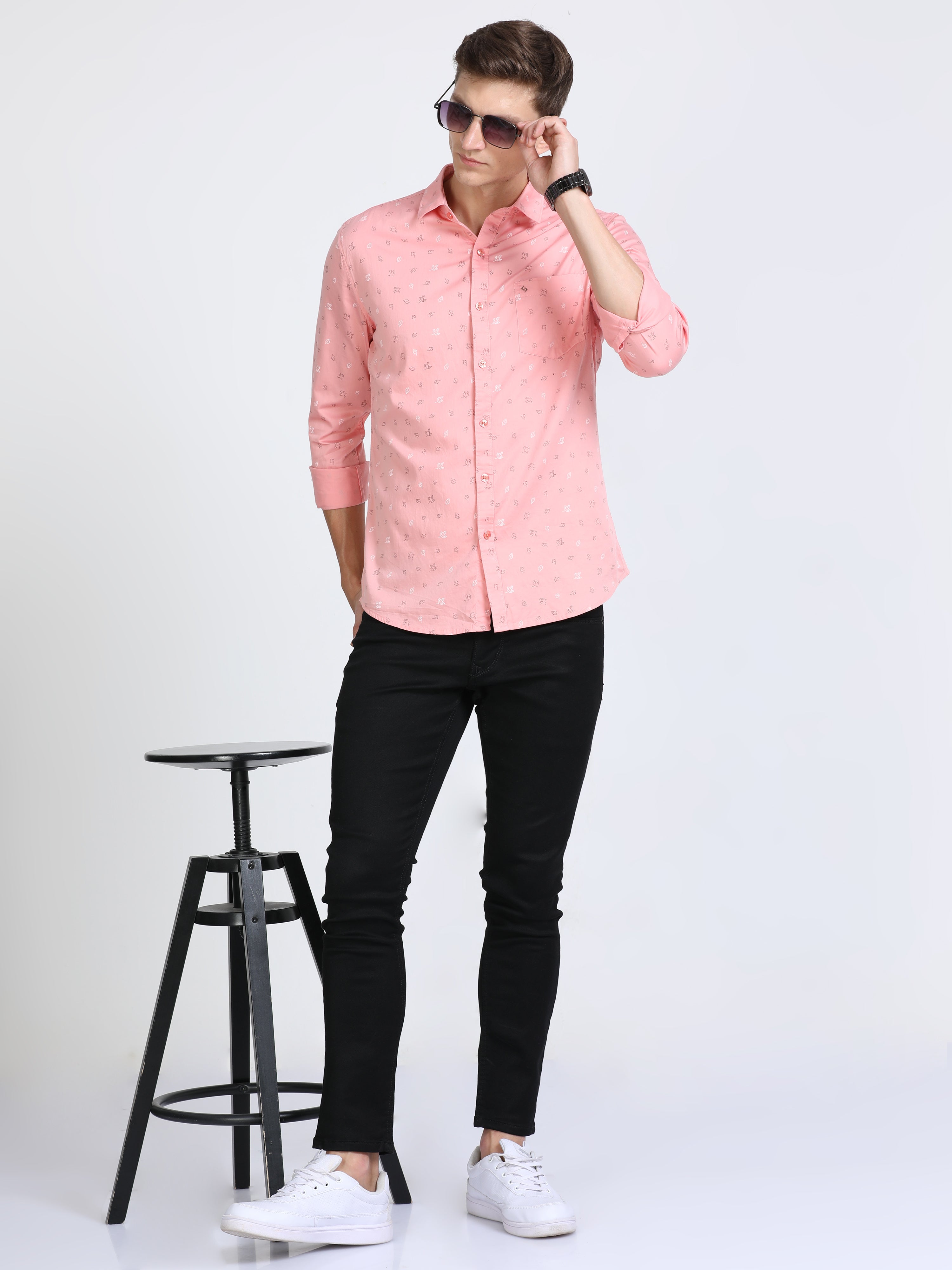 Classic Polo Mens Pure Cotton Full Sleeves Printed Slim Fit Polo Neck Pink Color Woven Shirt | So2-166 B-Fs-Prt-Sf