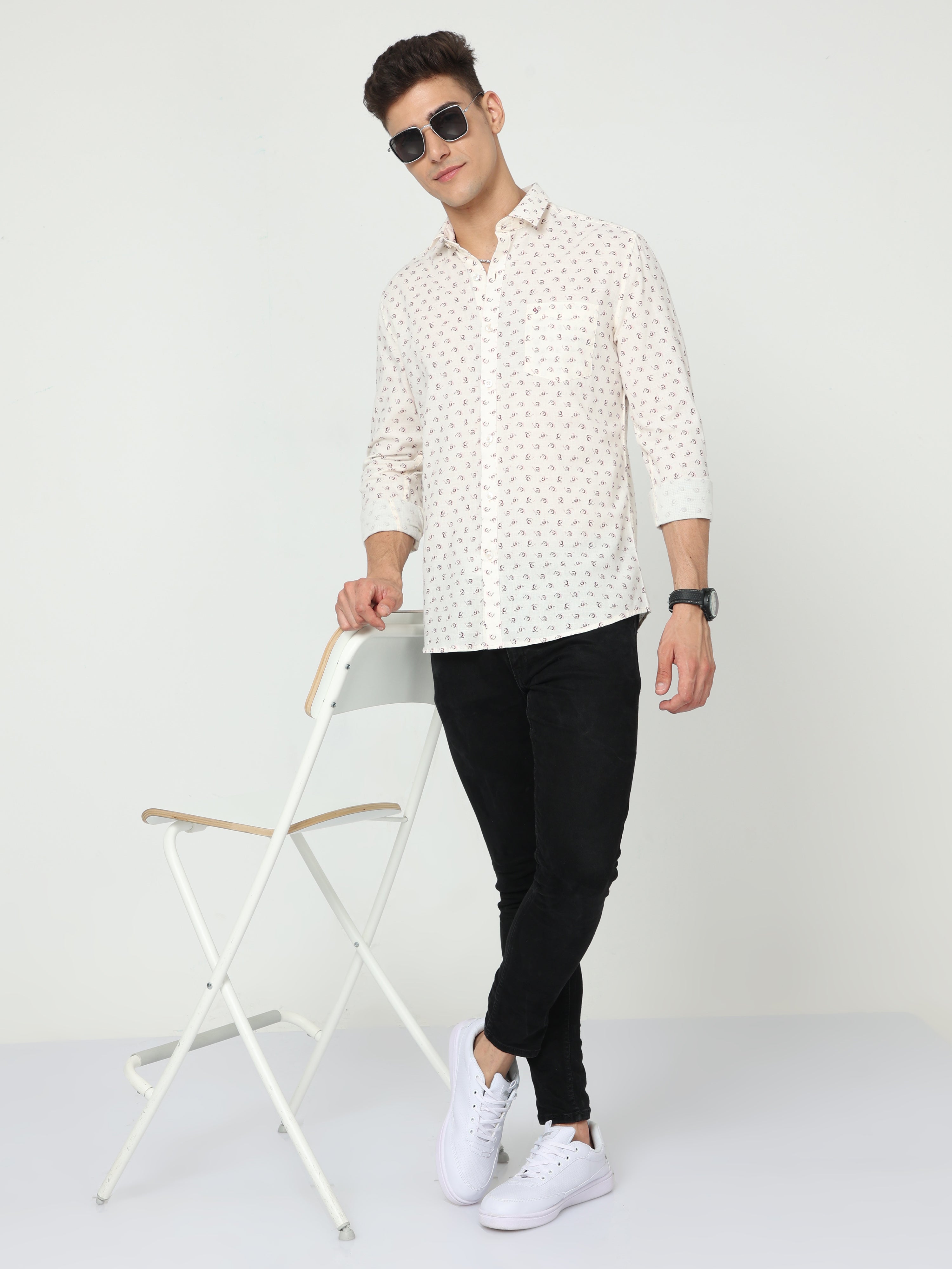 Classic Polo Mens Cotton Full Sleeve Printed Slim Fit Polo Neck Cream Color Woven Shirt | SO1-14 B-FS-PRT