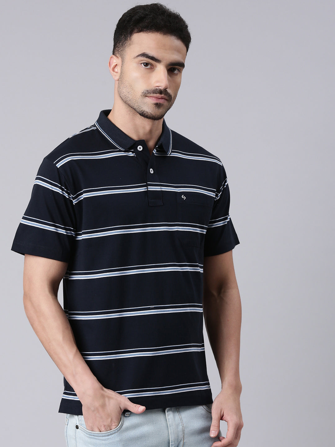 Classic Polo Men's Half Sleeve Black/White Polo Neck Authentic Fit Striped Cotton T-Shirt | AP - 112 B AF P