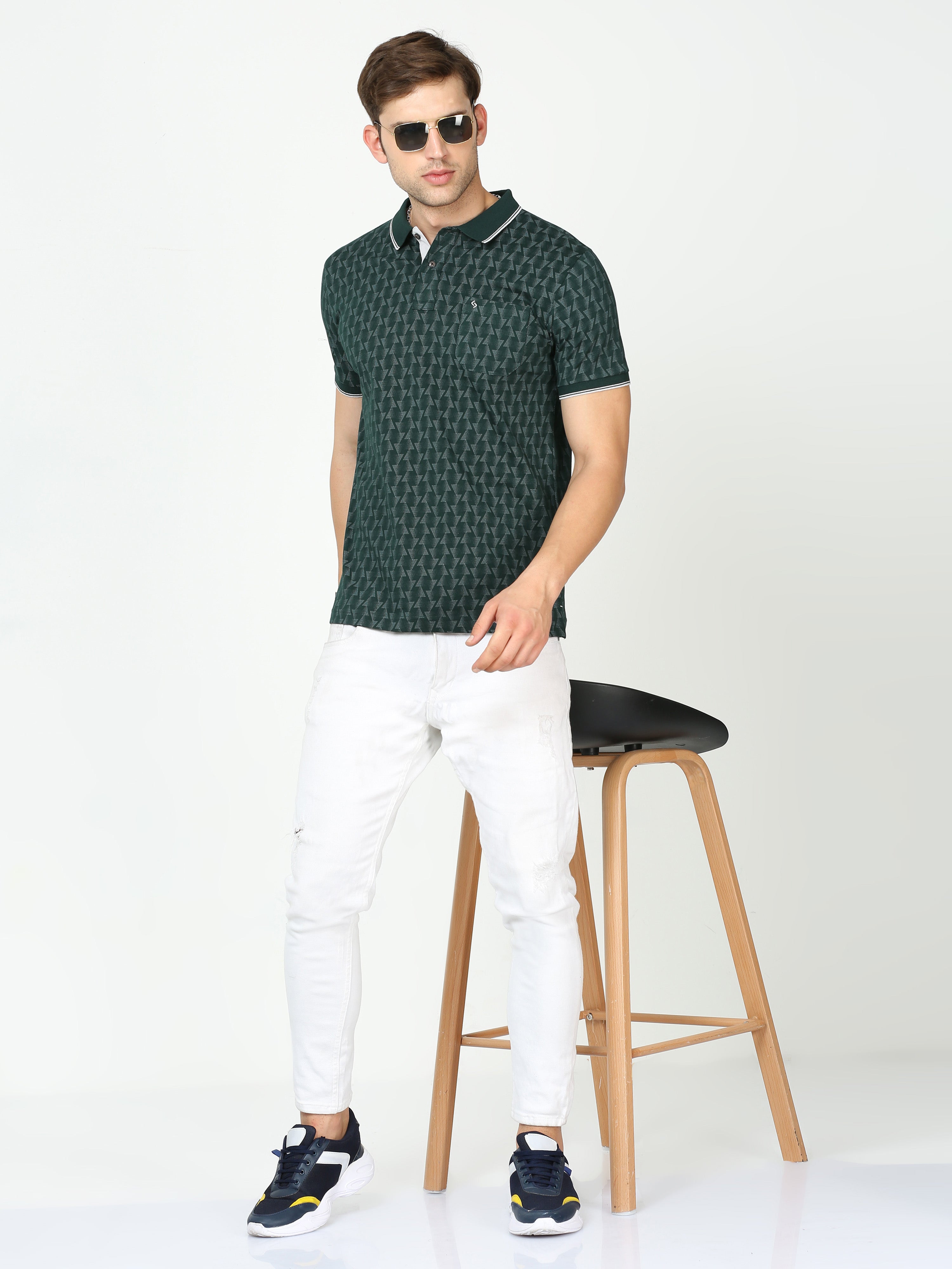 Classic Polo Mens Pure Cotton Half Sleeves Printed Slim Fit Polo Neck Dark Green Color T-Shirt | Bello - 230 A Sf P