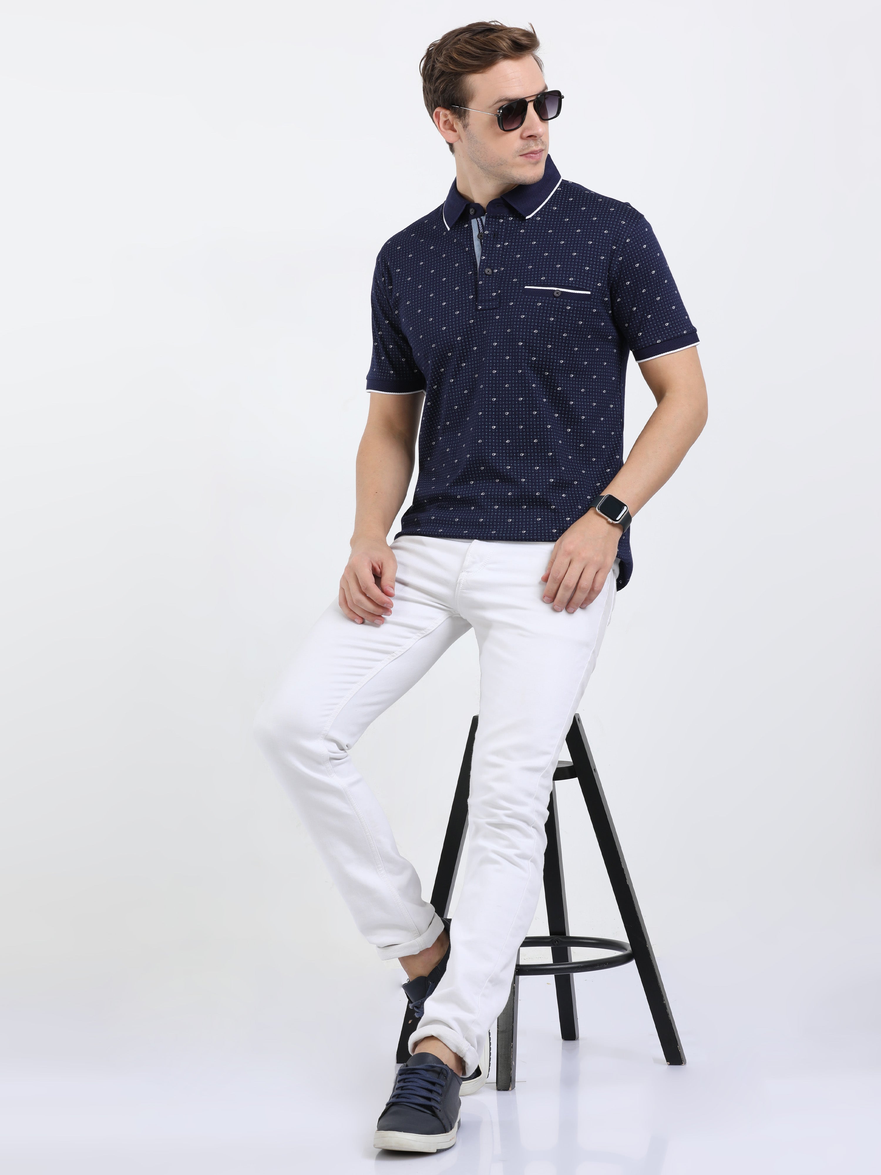 Classic Polo Mens Cotton Half Sleeves Printed Slim Fit Polo Neck Navy Color T-Shirt | Prm - 787 A Sf P