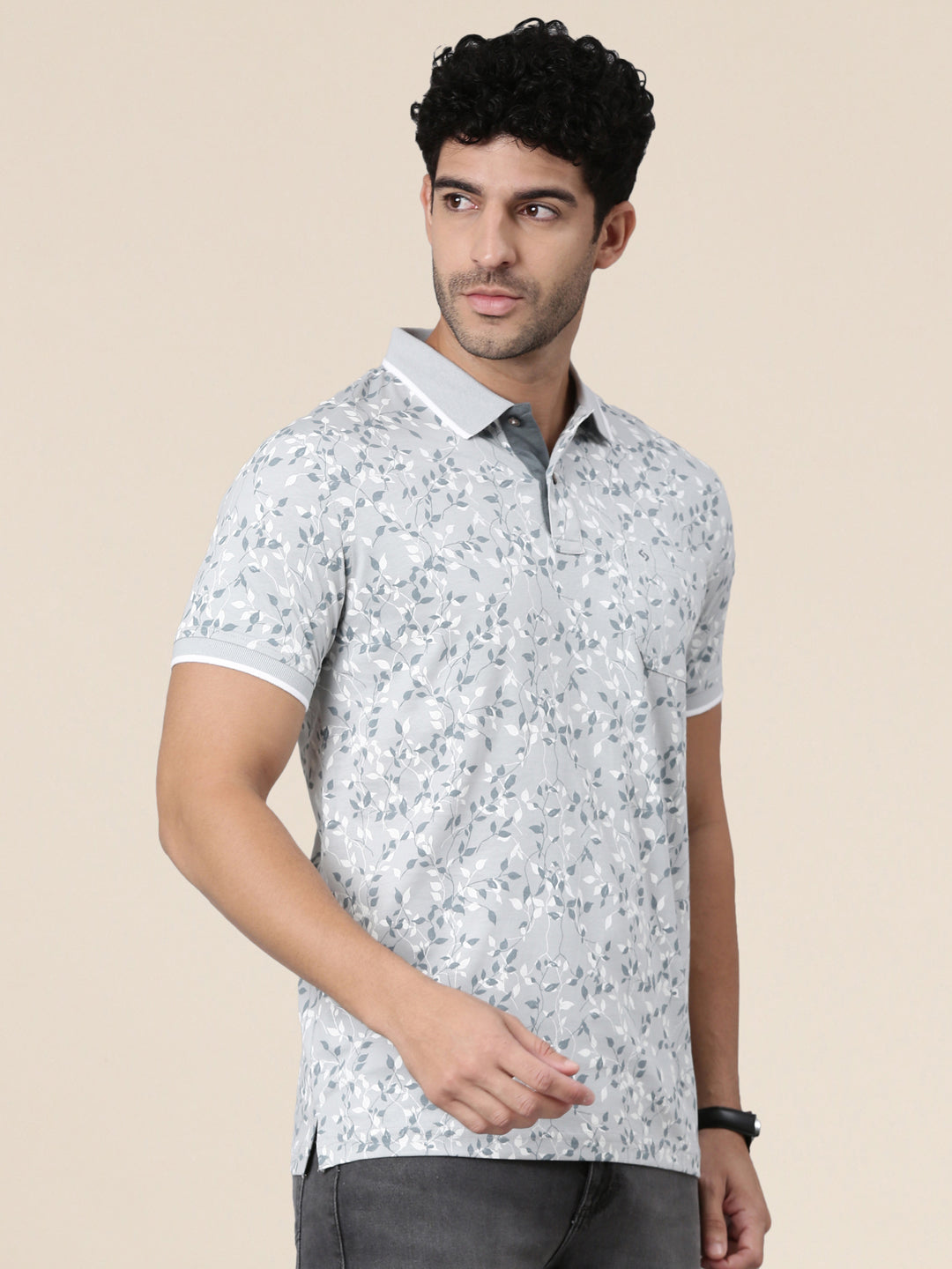 Classic Polo Men's Half Sleeve Grey/White Polo Neck Slim Fit All-Over Print Cotton T-Shirt | LTS-AOP - 123 A SF P